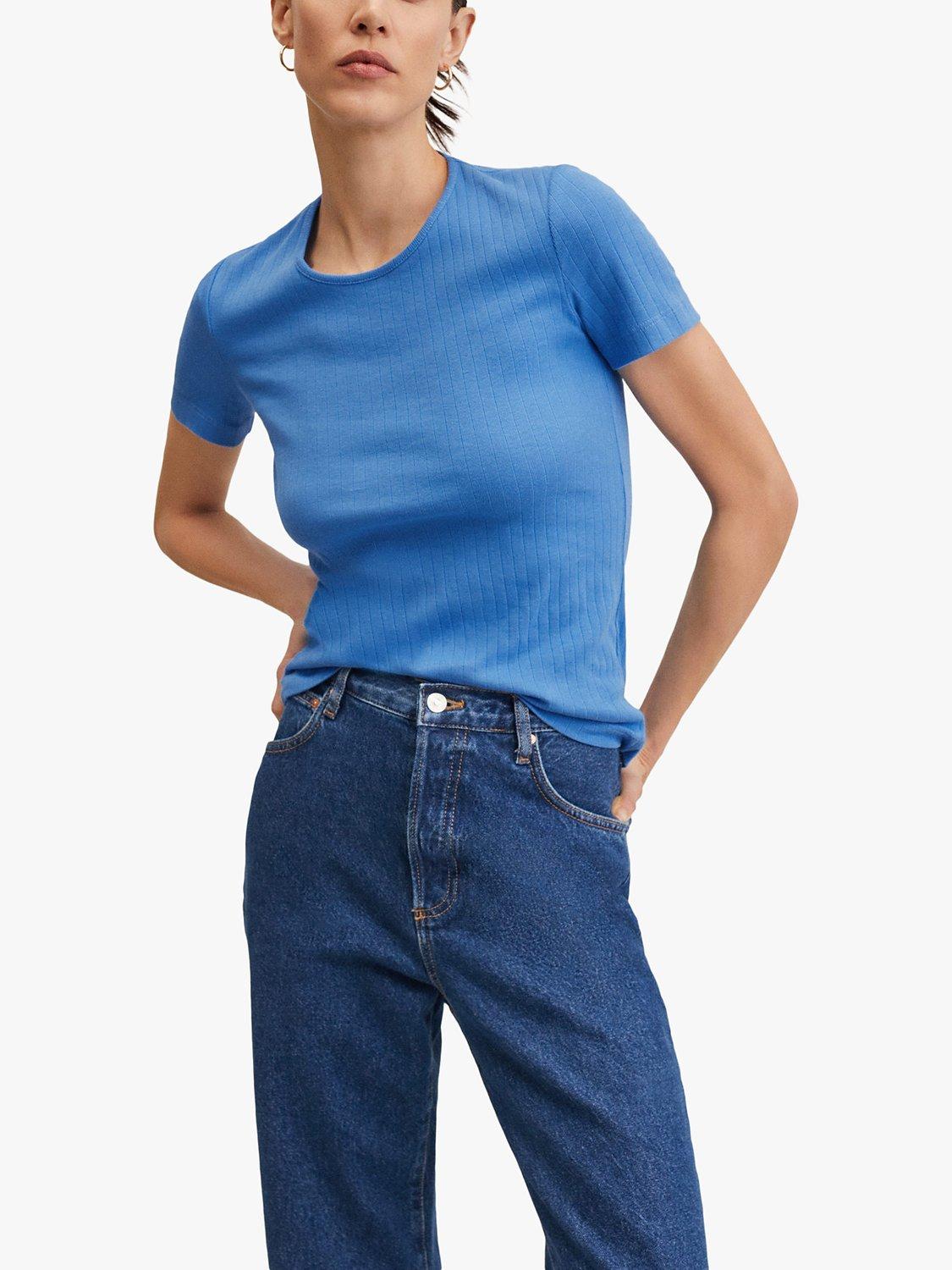 Mango Campit Rib Knit Short Sleeve Cotton T-Shirt, Medium Blue