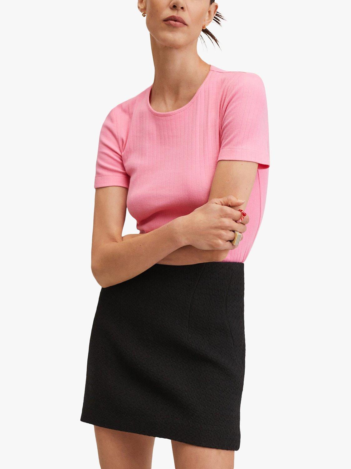 Mango Campit Rib Knit Short Sleeve Cotton T-Shirt, Pink, XL
