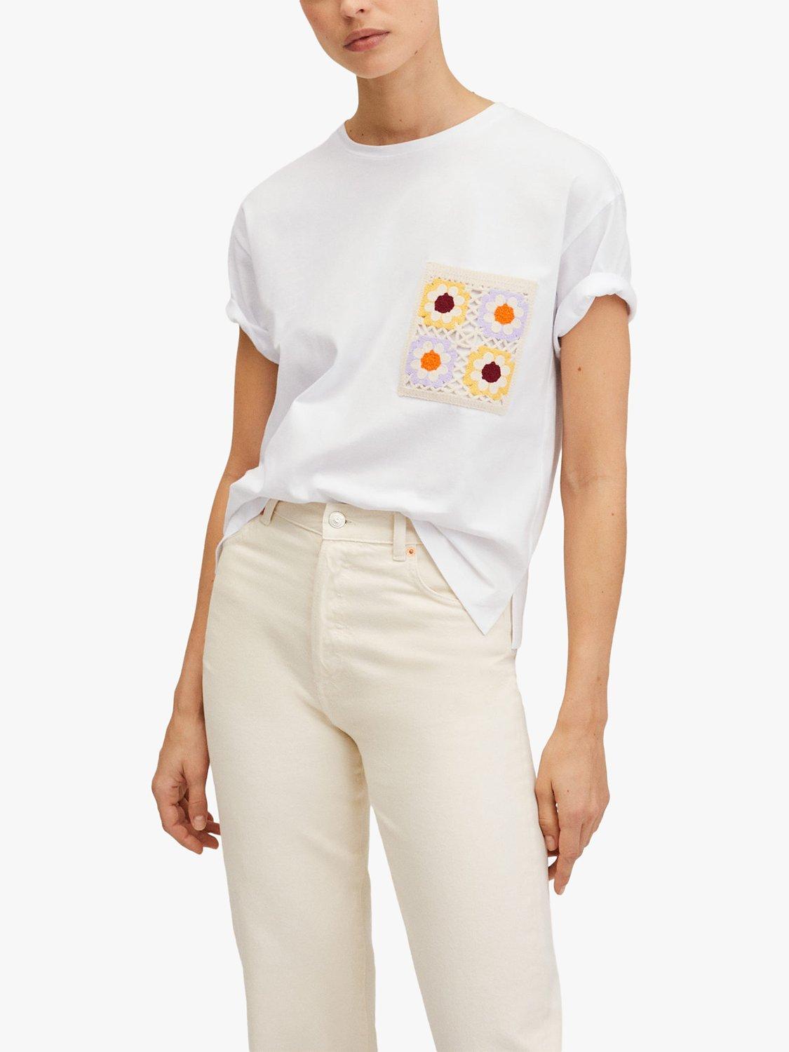 Mango Vigo Floral Applique Pocket Tee, White/Multi
