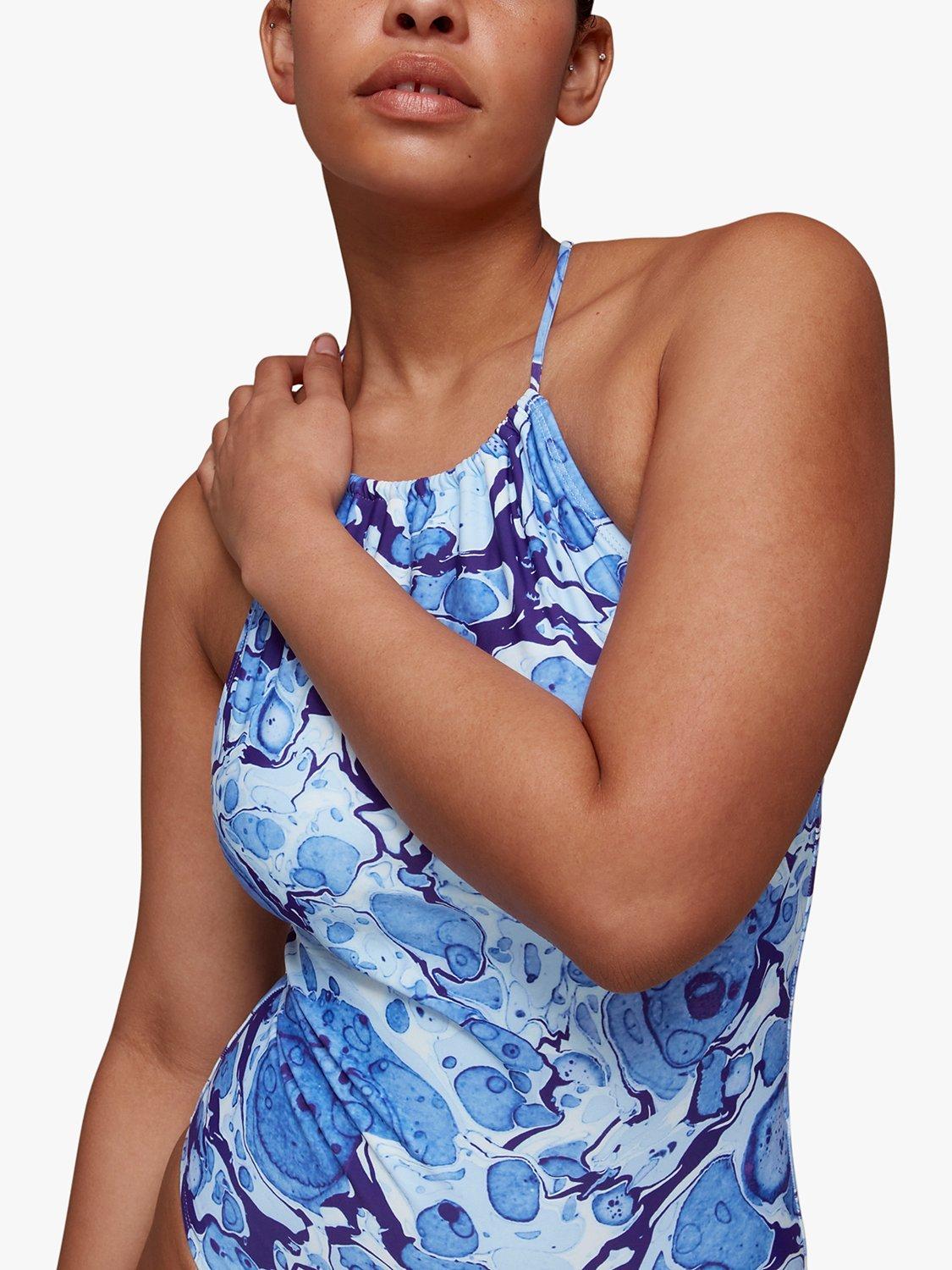 Whistles Marble Print Halterneck Swimsuit, Blue/Multi