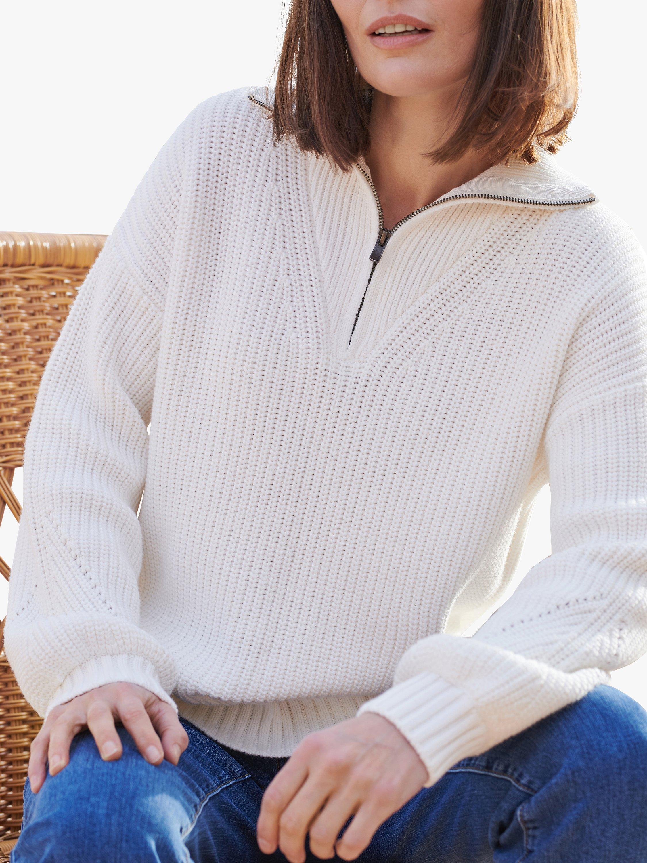 Product image 1 of 3, which shows Pure Collection Zipped Neck Ribbed Jumper, White, 8