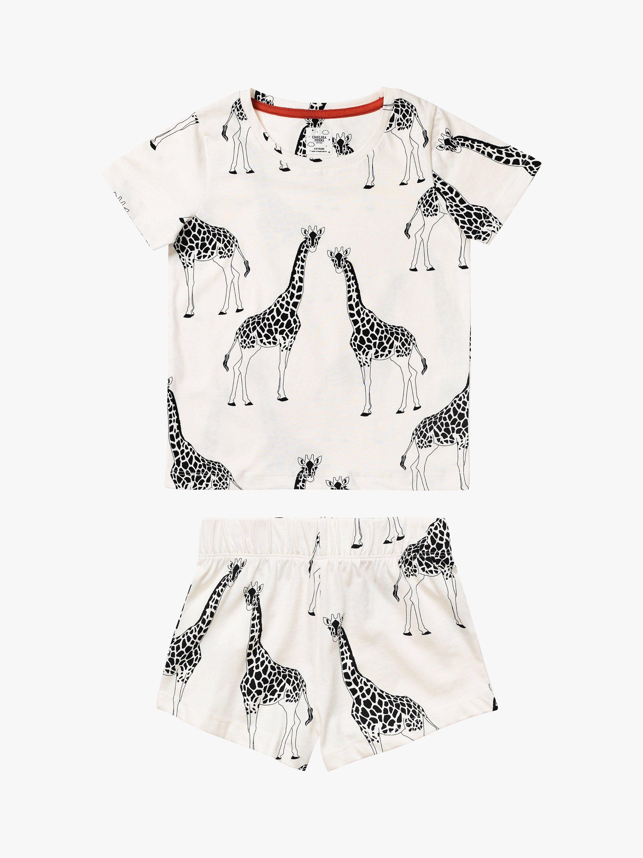 Product image 1 of 3, which shows Chelsea Peers Kids' Giraffe Print Organic Cotton Short Pyjama Set, Cream, 5-6 years