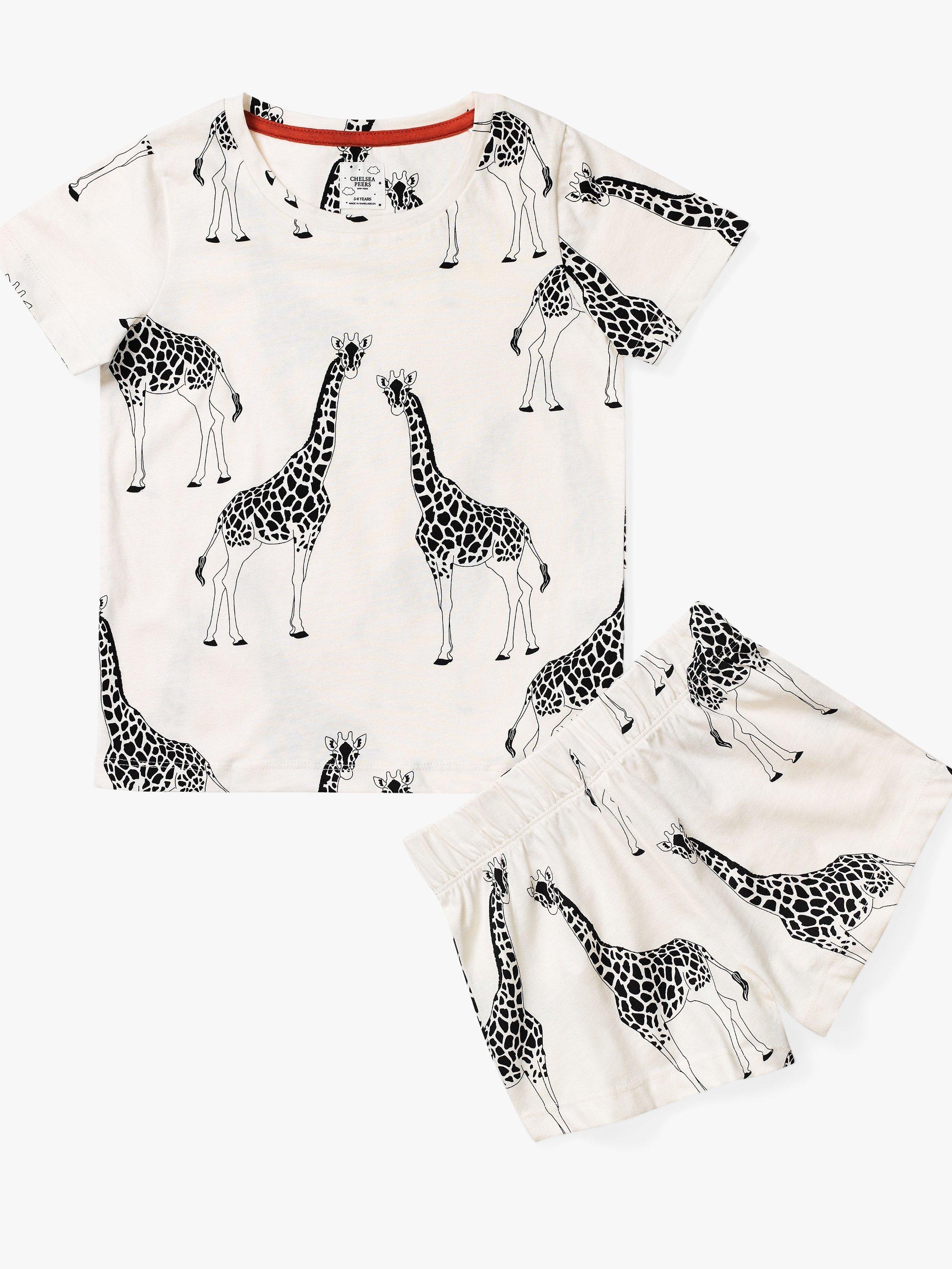 Product image 2 of 3, which shows Chelsea Peers Kids' Giraffe Print Organic Cotton Short Pyjama Set, Cream, 5-6 years