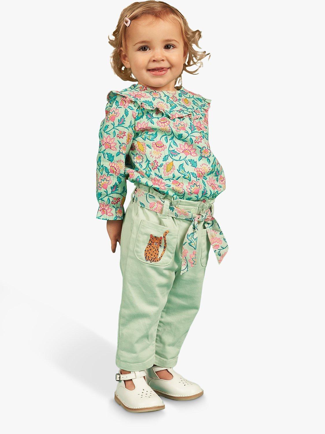 Du Pareil au même Baby Floral Belt Embroiderd Cat Trousers, Green