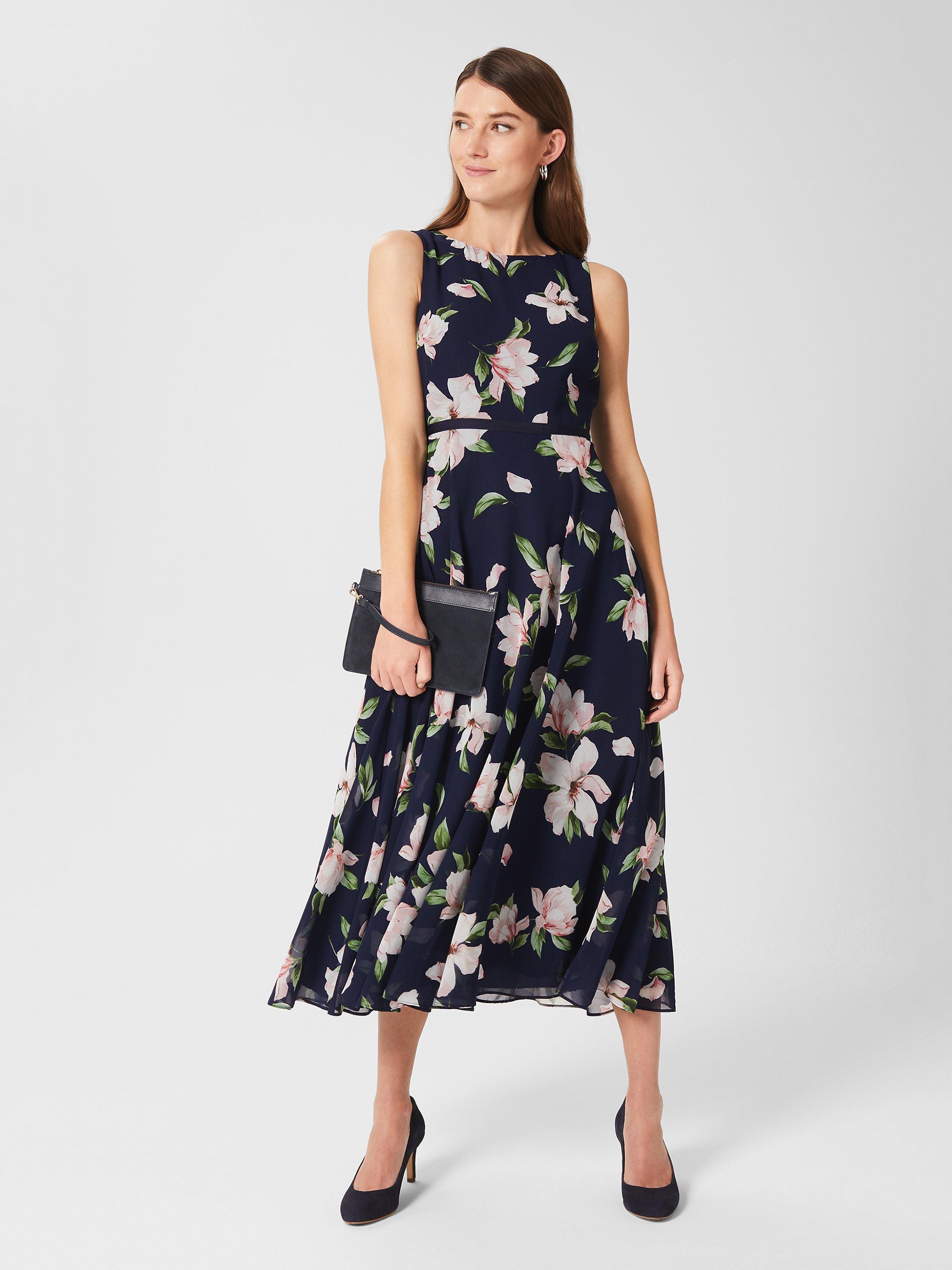 Product image 1 of 8, which shows Hobbs Petite Carly Floral Midi Dress, Navy/Multi, 6