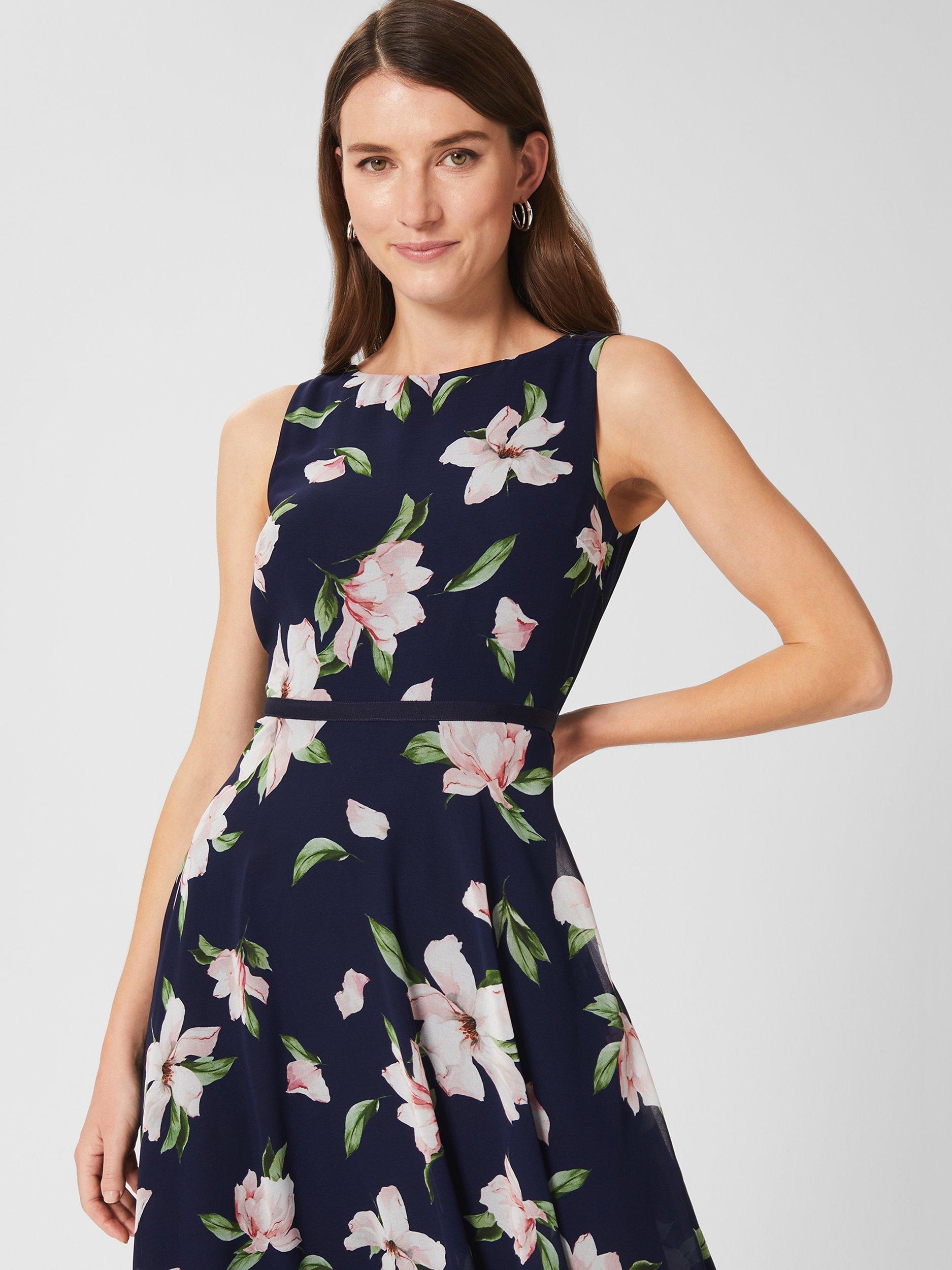 Product image 4 of 8, which shows Hobbs Petite Carly Floral Midi Dress, Navy/Multi, 6