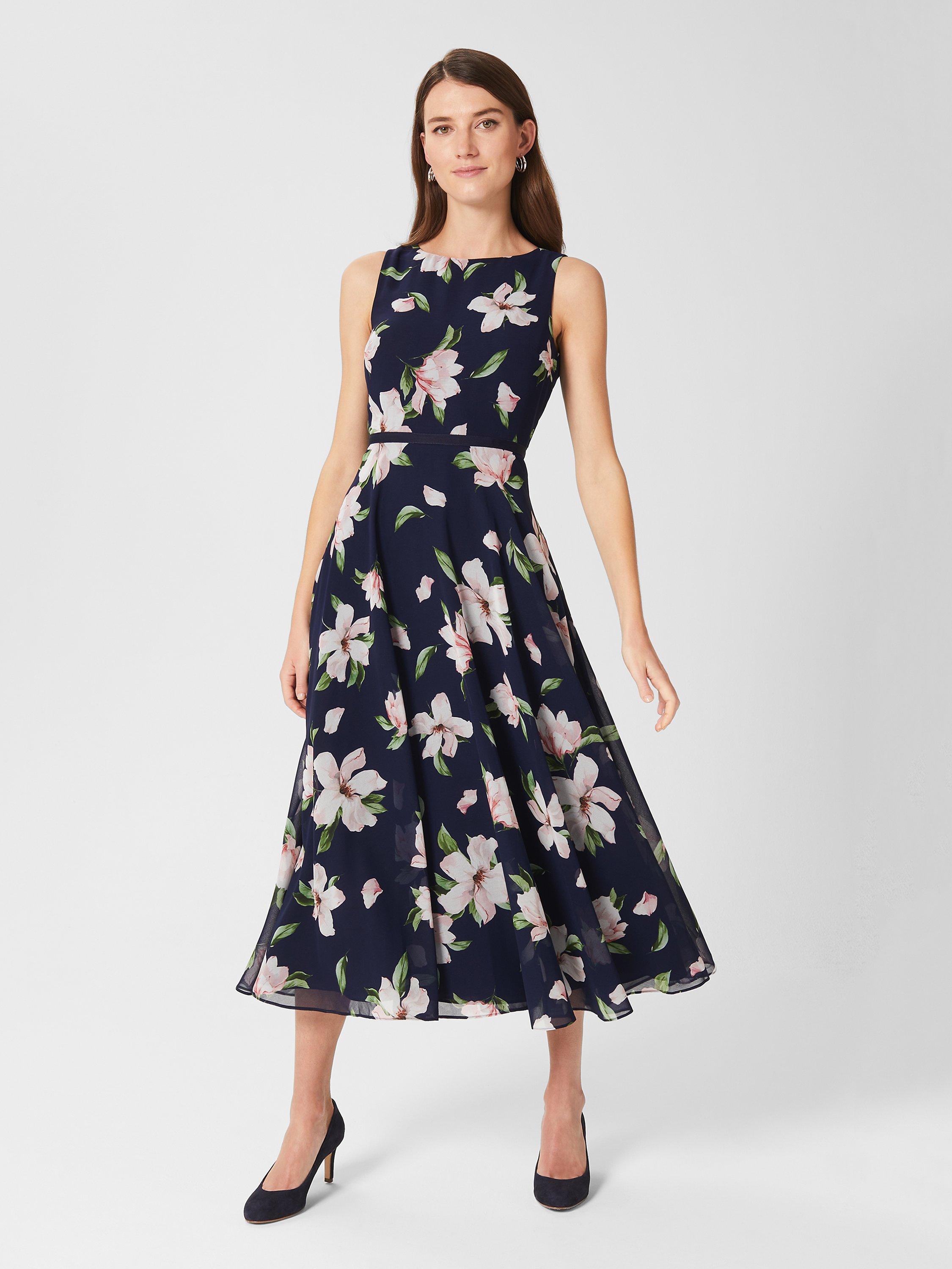 Product image 5 of 8, which shows Hobbs Petite Carly Floral Midi Dress, Navy/Multi, 6