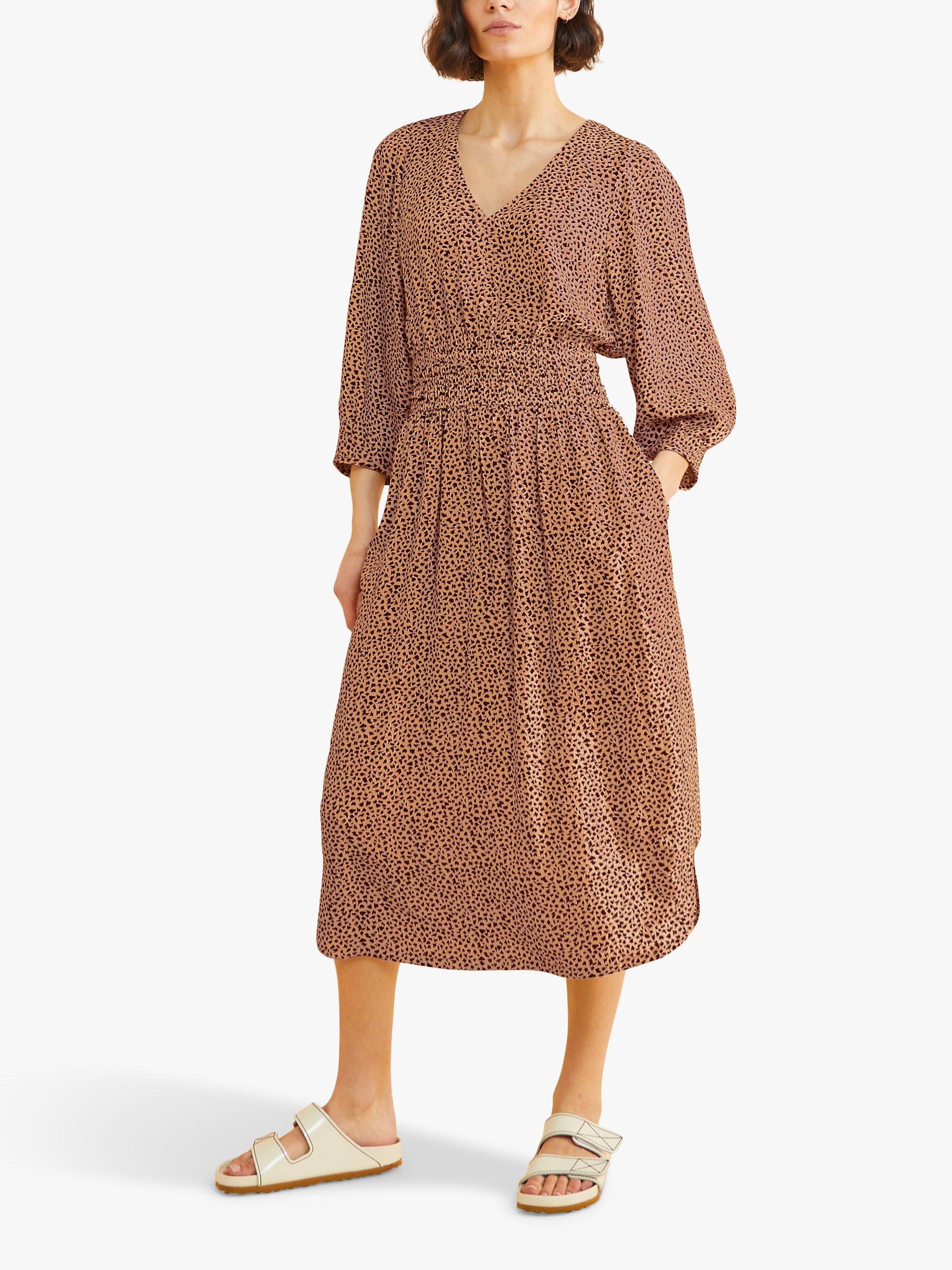 Albaray Dash Print Blouson Waist Midi Dress, Tan/Multi