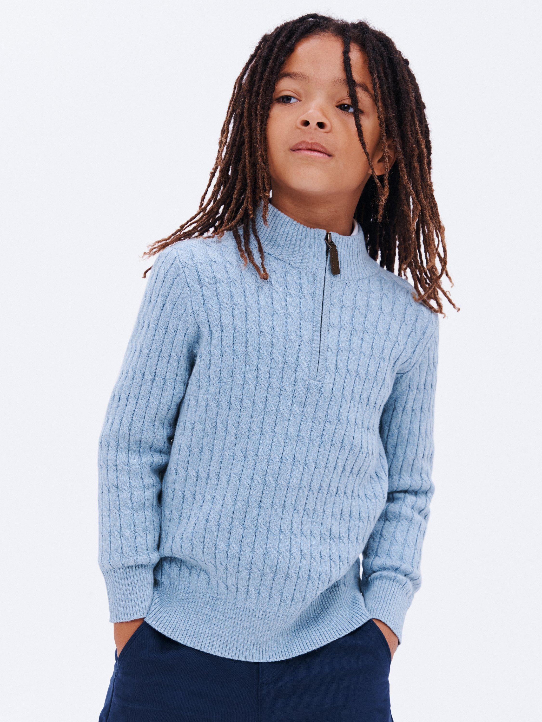 John Lewis Heirloom Collection Kids' Plain Half Zip Cable Knit Cashmere Blend Jumper, Blue