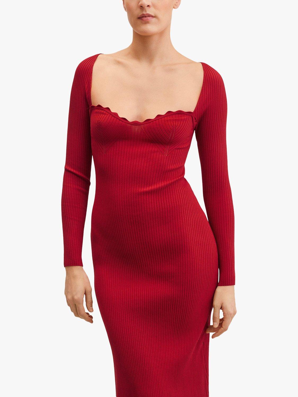 Mango Ribbed Sweetheart Neck Knitted Midi Dress, Red
