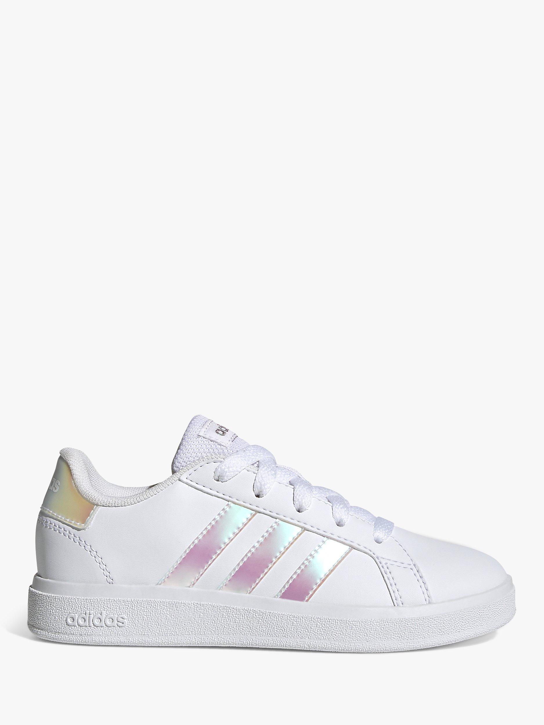 Product image 1 of 10, which shows adidas Kids' Grand Court Lace Up Trainers, Cloud White/Iridescent/Cloud White, 3