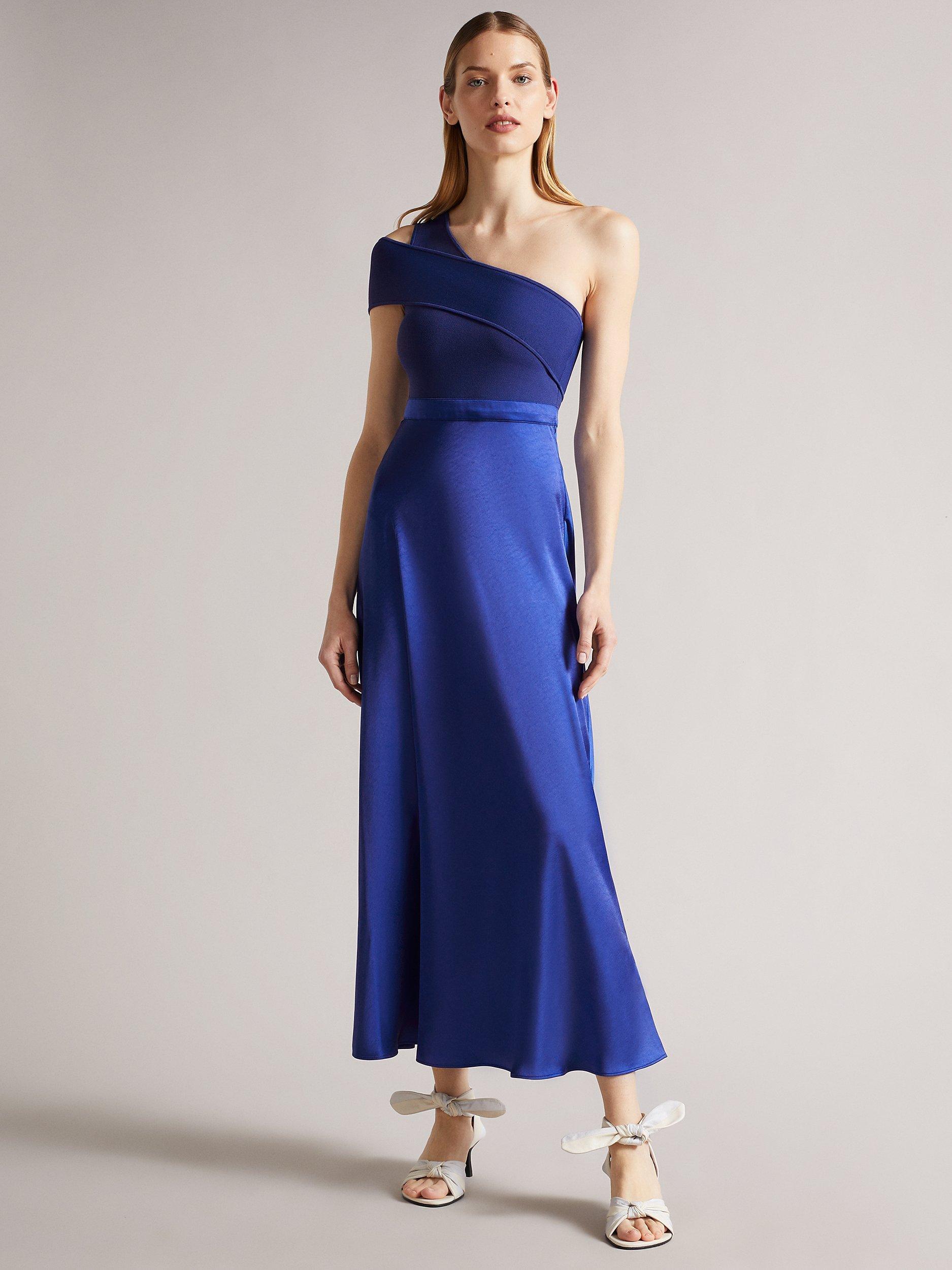 Ted Baker Ivena Asymmetric Knit Bodice Satin Skirt Midi Dress, Dark Blue