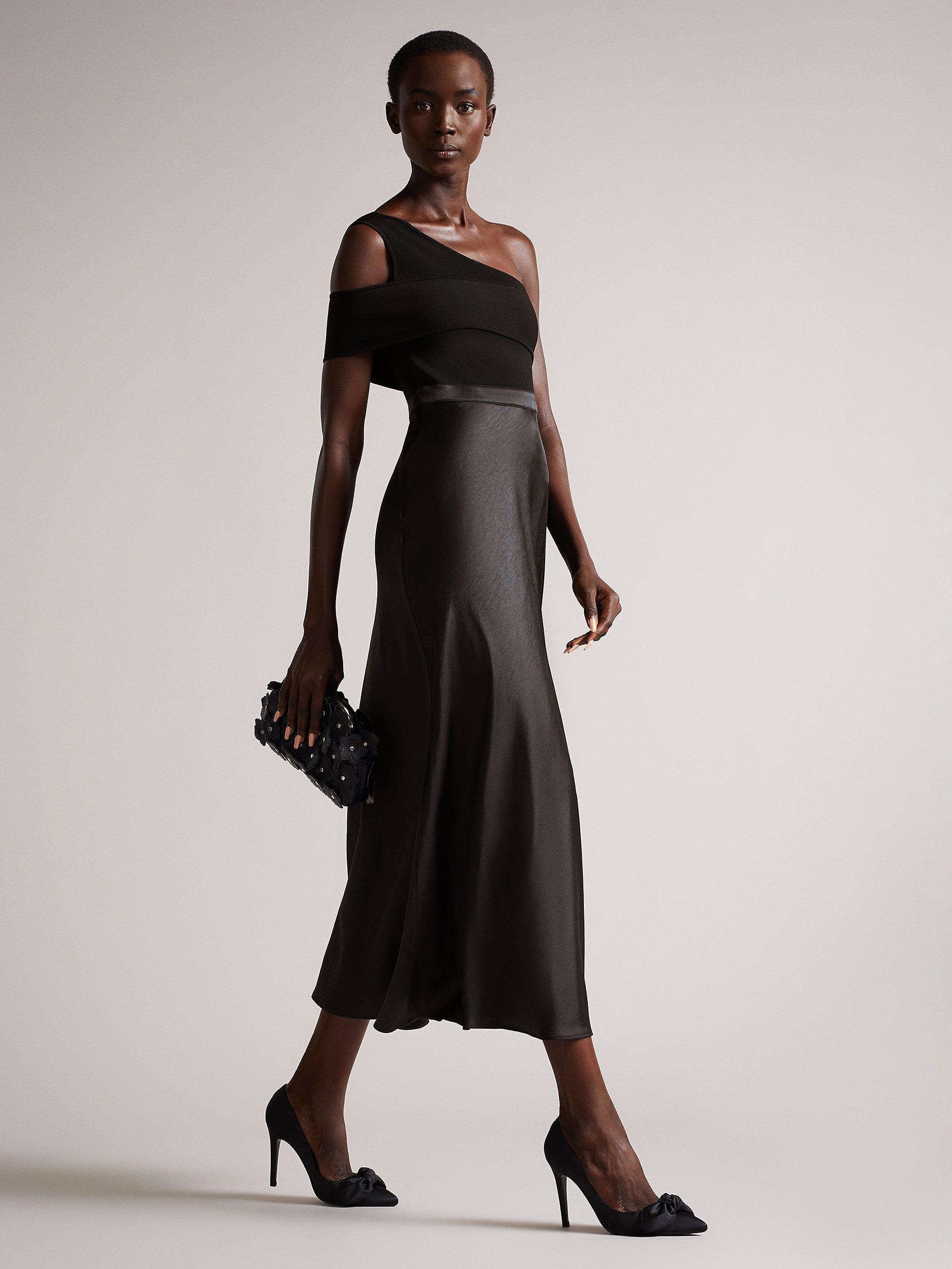 Ted Baker Ivena Asymmetric Knit Bodice Satin Skirt Midi Dress