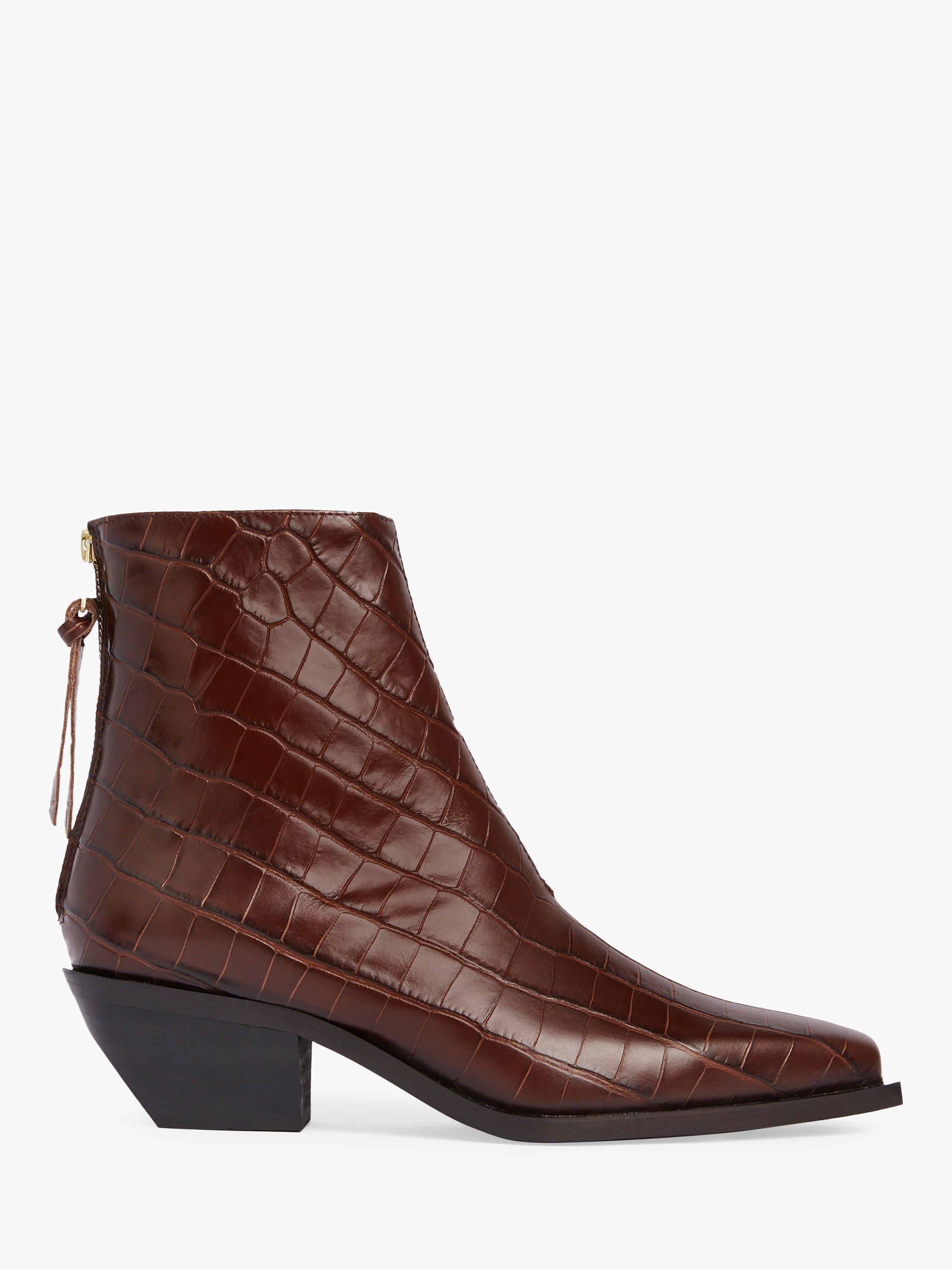 AllSaints Lenora Leather Croc Ankle Boots, Dark Brown