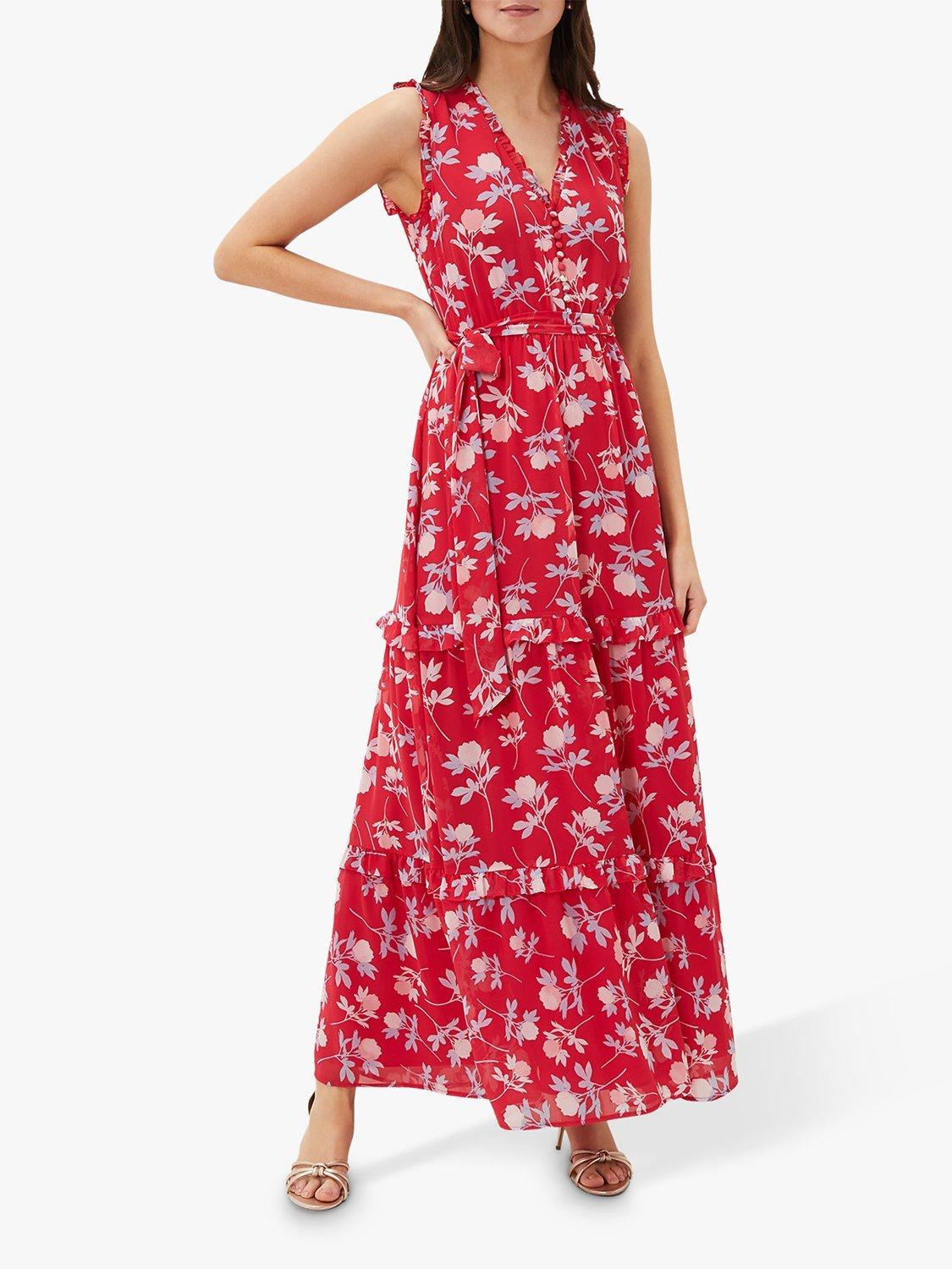 Product image 1 of 7, which shows Phase Eight Antonella Floral Tiered Maxi Dress, Lipstick/Pale Blue, 8