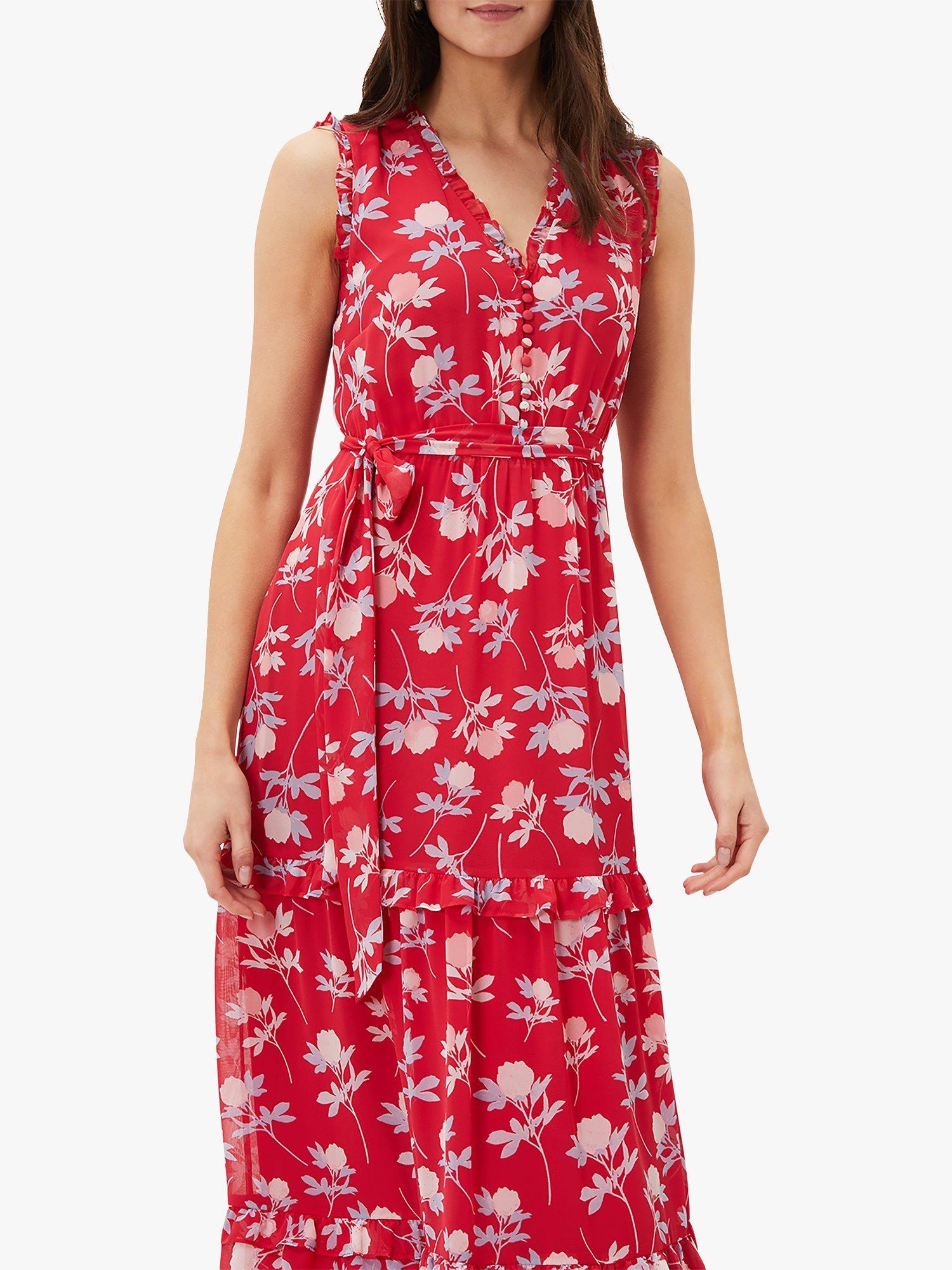 Product image 3 of 7, which shows Phase Eight Antonella Floral Tiered Maxi Dress, Lipstick/Pale Blue, 8