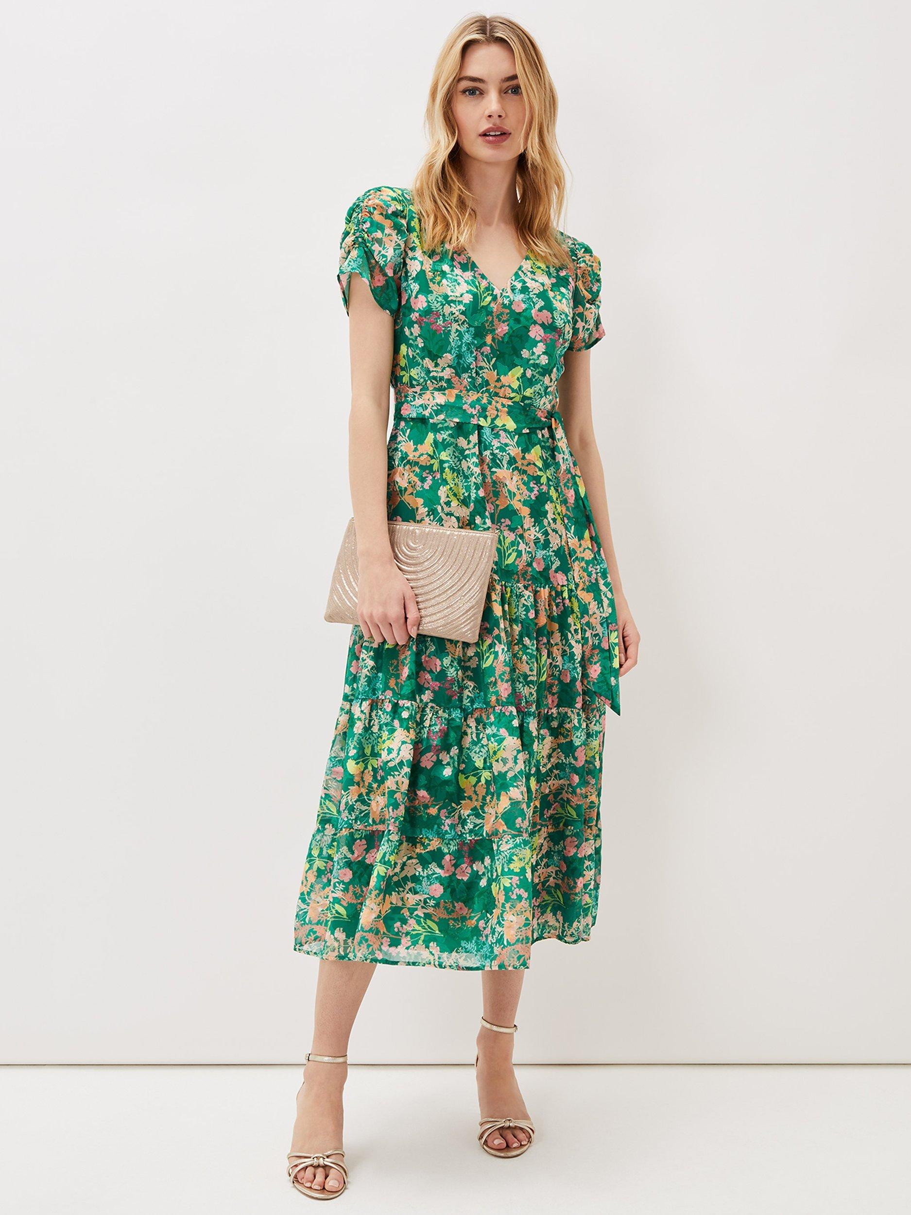 Phase Eight Morven Floral Tiered Midi Dress, Green/Multi