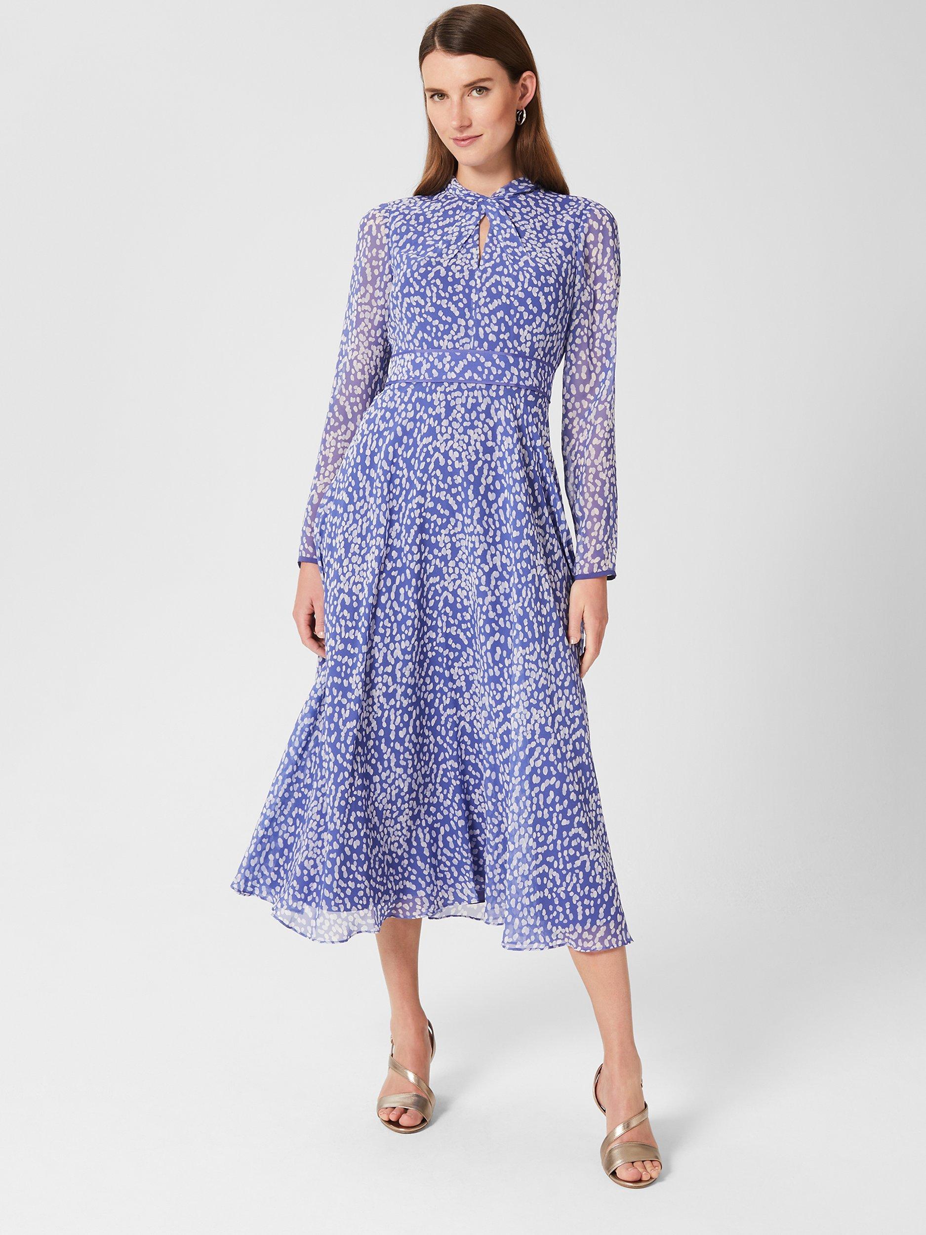 Hobbs Helena Dapple Print Silk Midi Dress, Blue/Multi