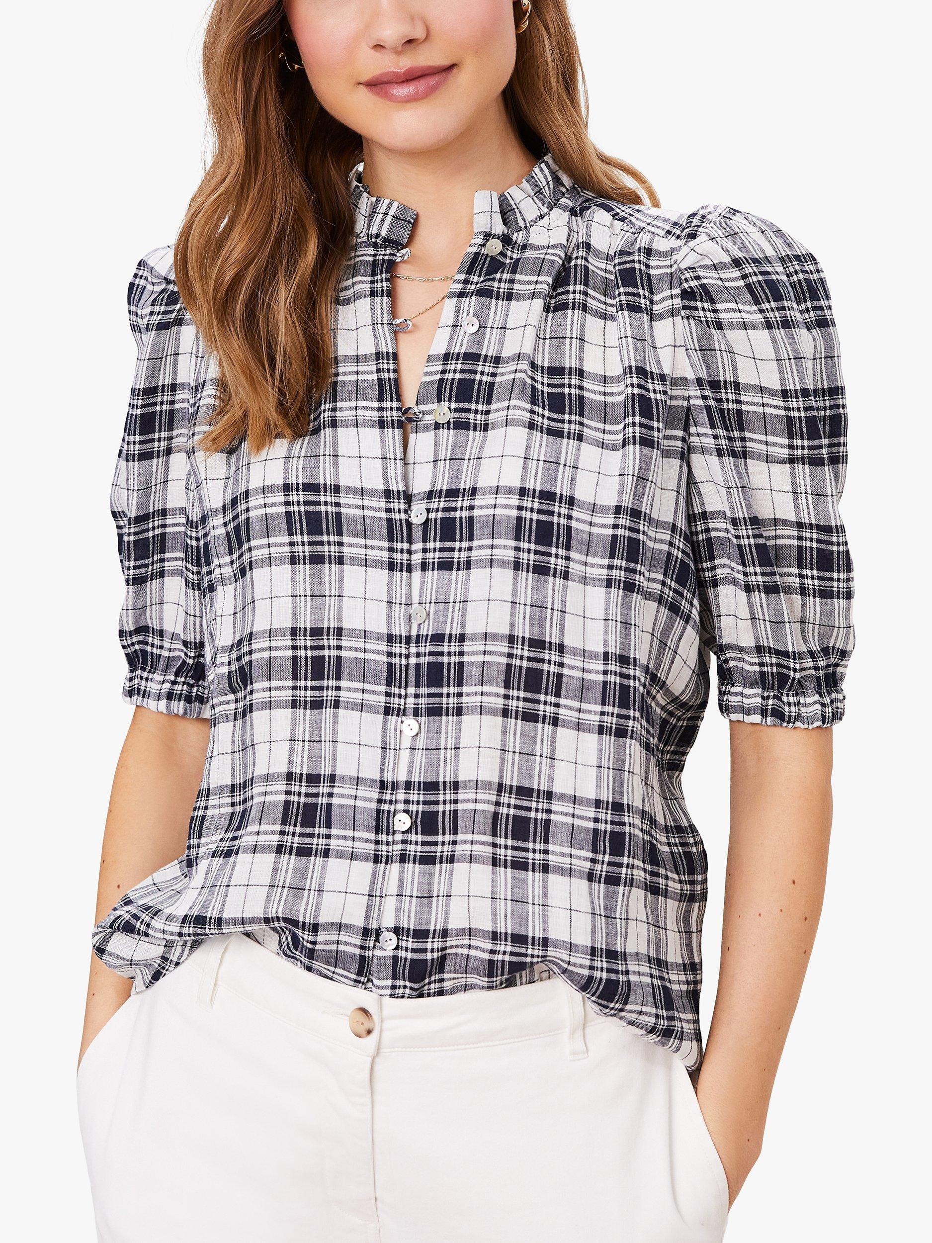 Baukjen Esther Linen Checked Blouse, Navy/Soft White