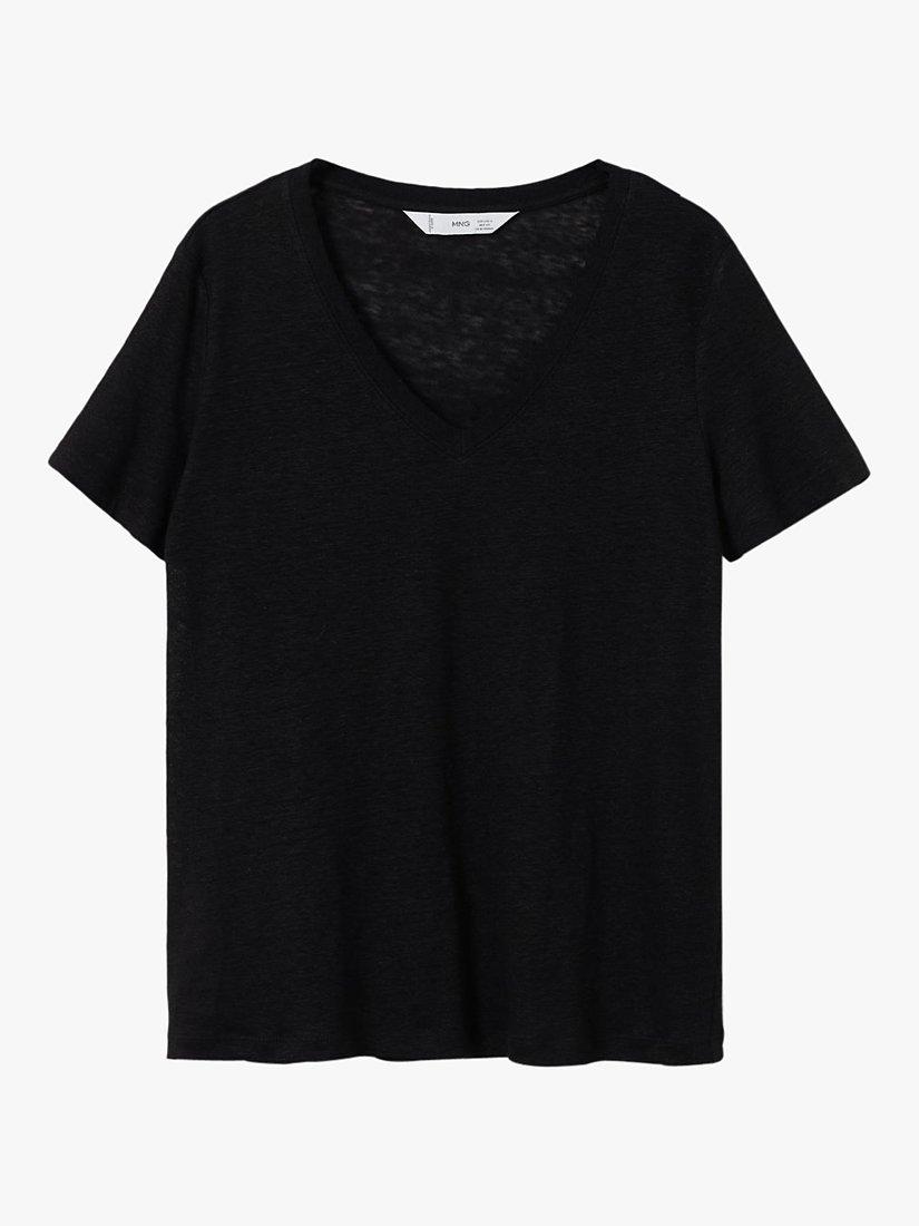 Product image 2 of 5, which shows Mango Linito Linen V-Neck T-Shirt, Black, XXS