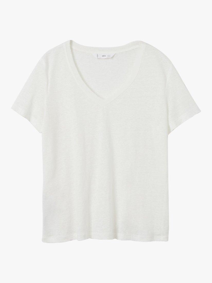 Product image 3 of 6, which shows Mango Linito Linen V-Neck T-Shirt, Natural White, XXXL