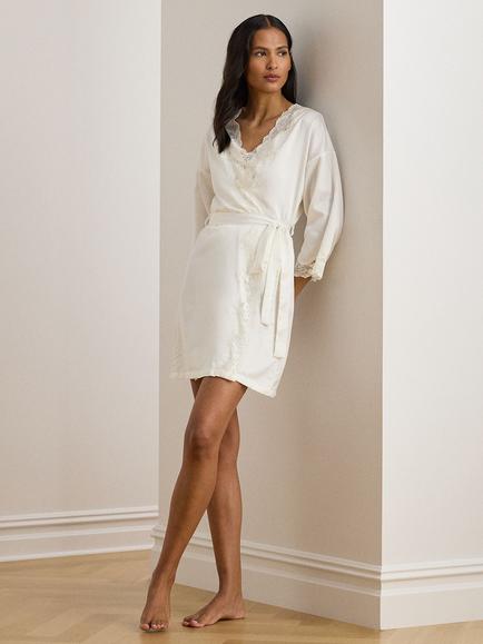 Lauren Ralph Lauren Lace Detail Signature Satin Kimono Robe, Ivory