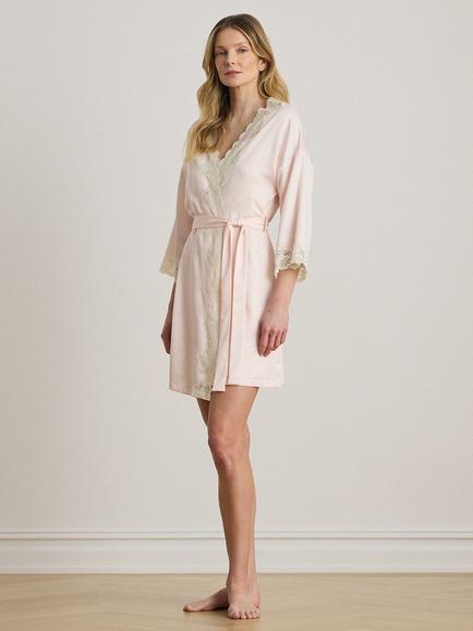 Lauren Ralph Lauren Lace Detail Signature Satin Kimono Robe, Pink