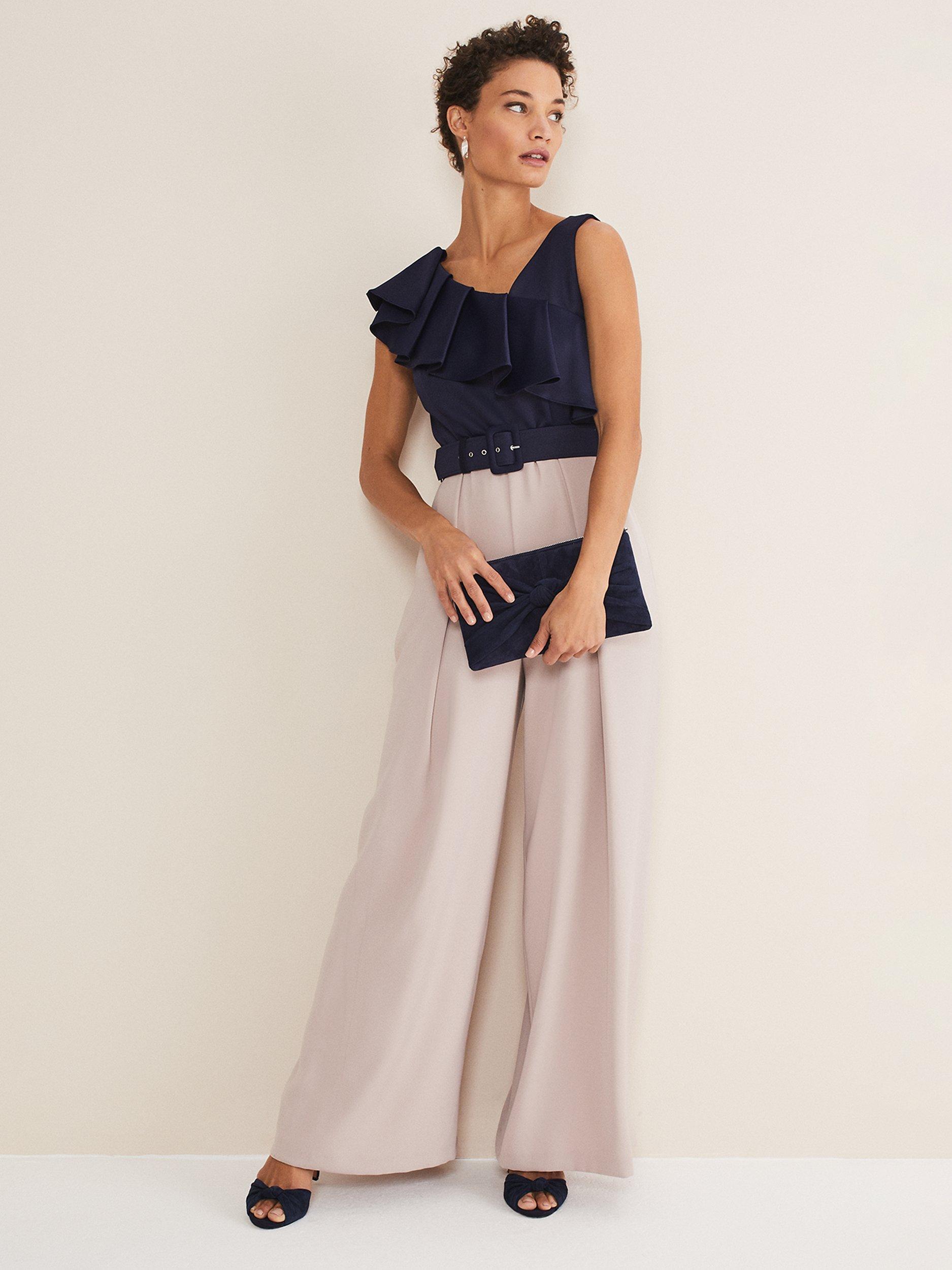 Phase Eight Kimberley Frill Wide Leg Jumpsuit, Perussian Blue/Taupe