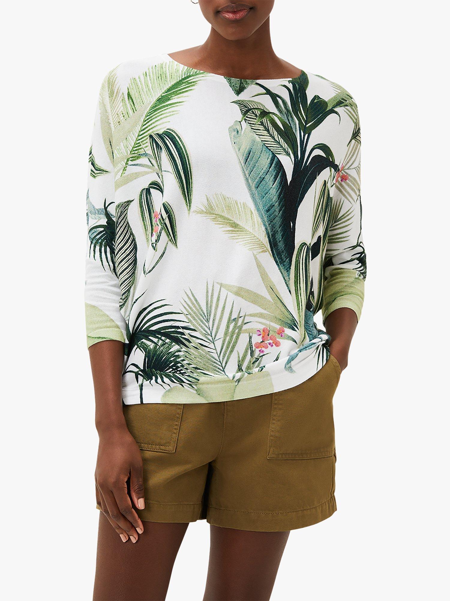 Phase Eight Johanna Tropical Palm Leaf Print Top, Khaki/White