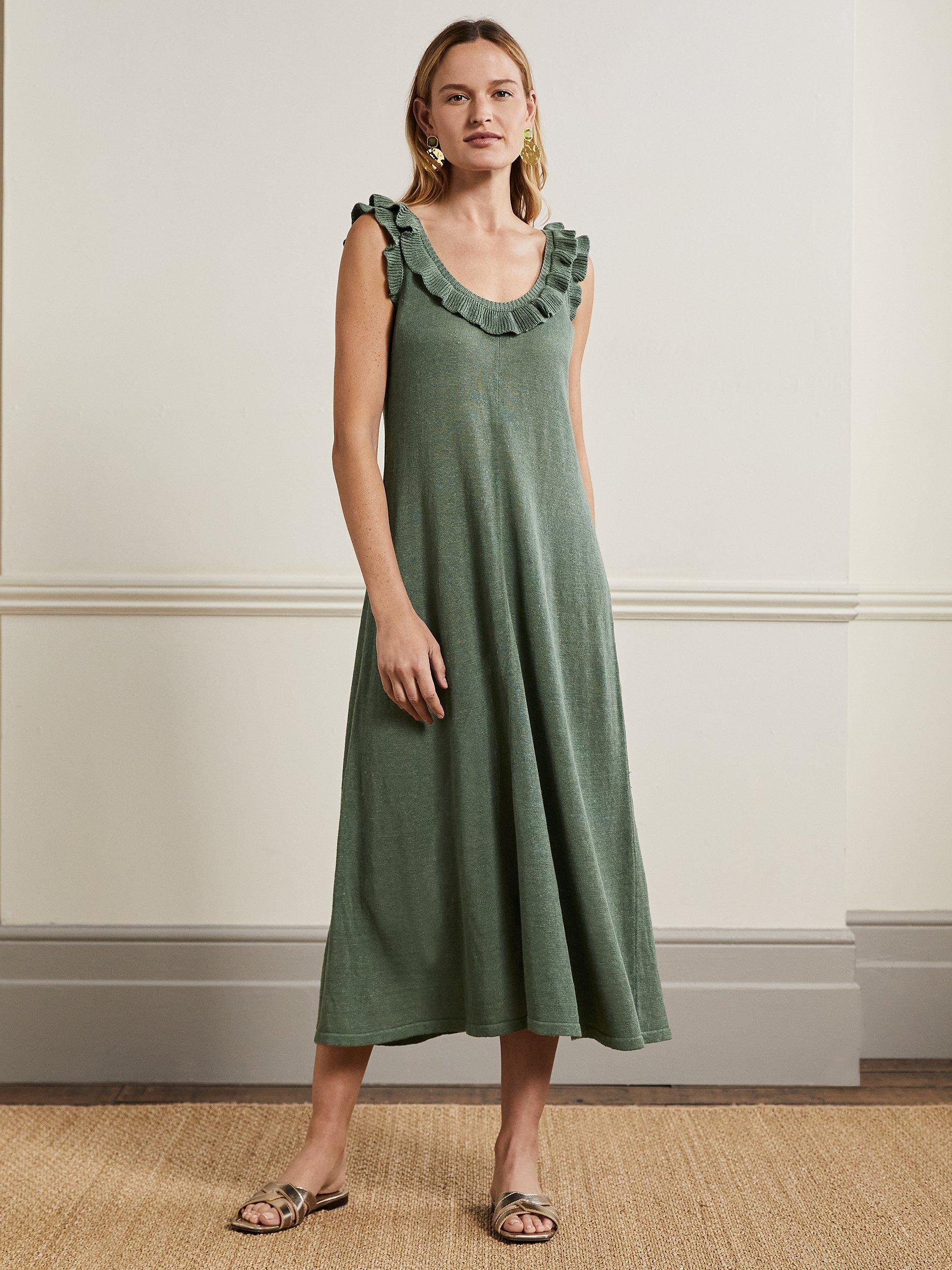 Boden Frill Neck Linen Blend Midi Dress, Alder