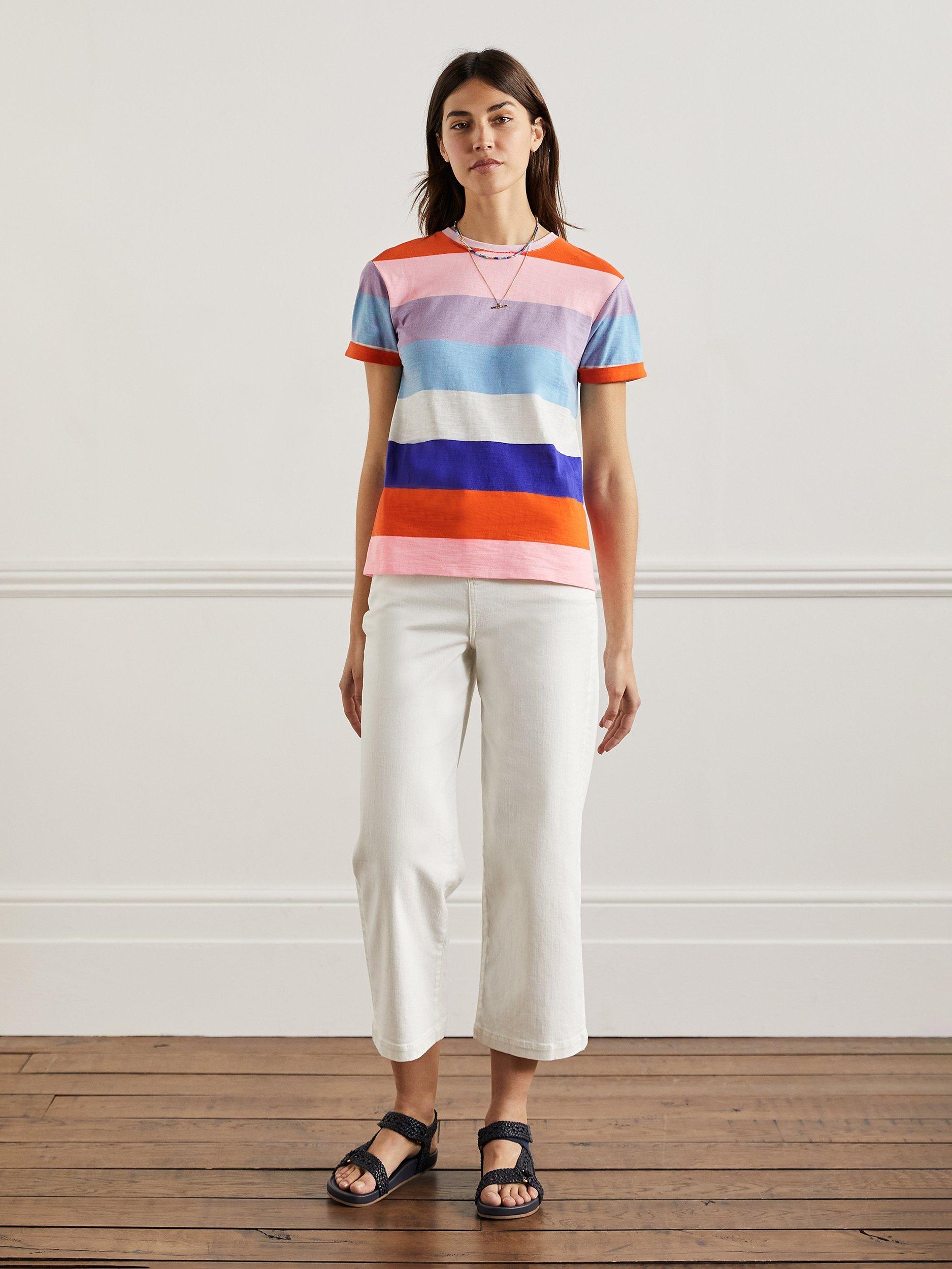 Boden Cotton Stripe Turn Up Cuff T-Shirt, Multi