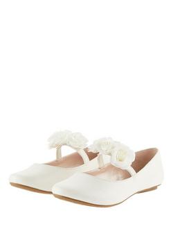 Monsoon Kids' Shimmer Corsage Ballerina Flats, Ivory - view 2, Ivory