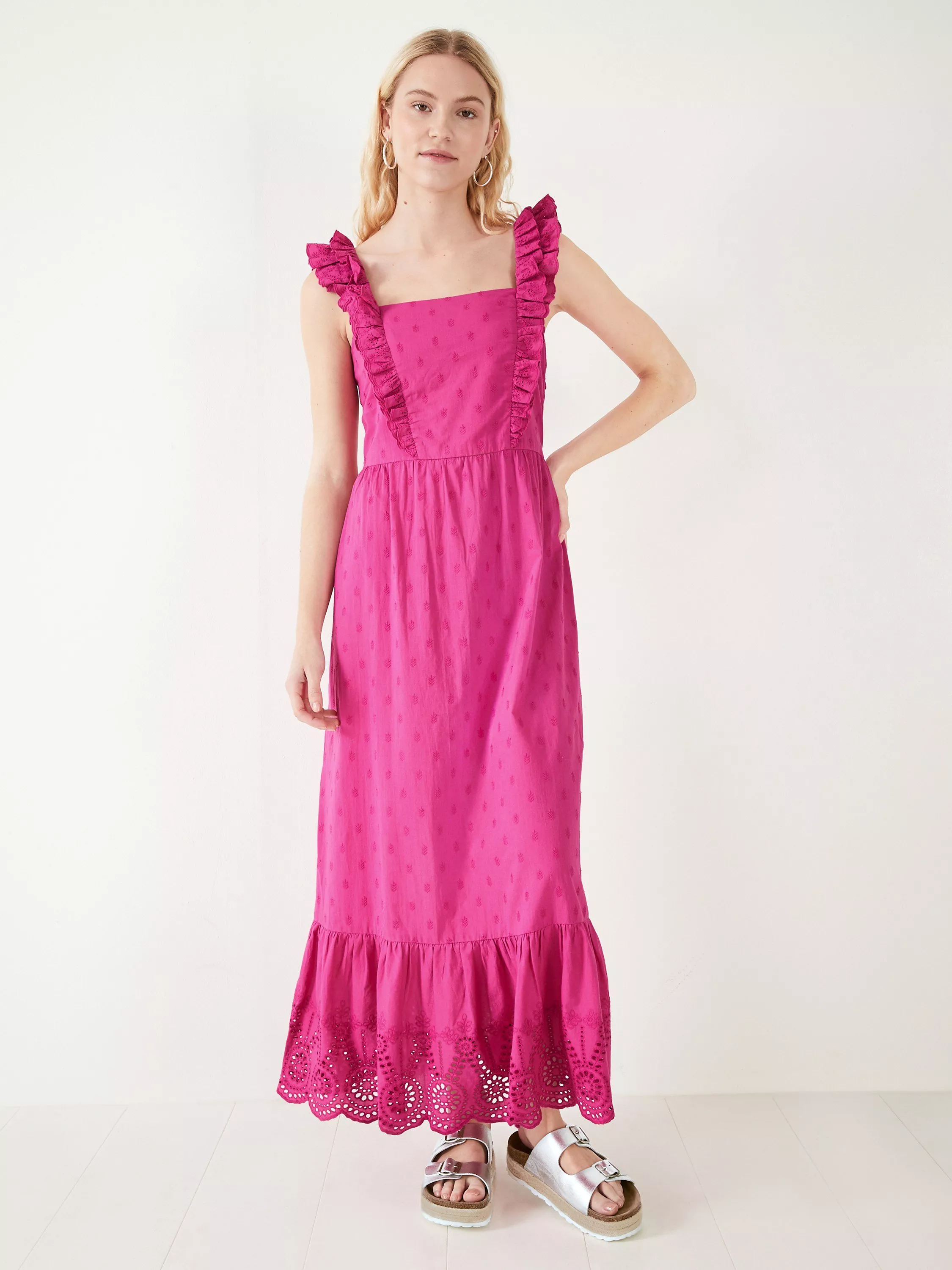 HUSH Alena Broderie Detail Maxi Dress Vibrant Pink