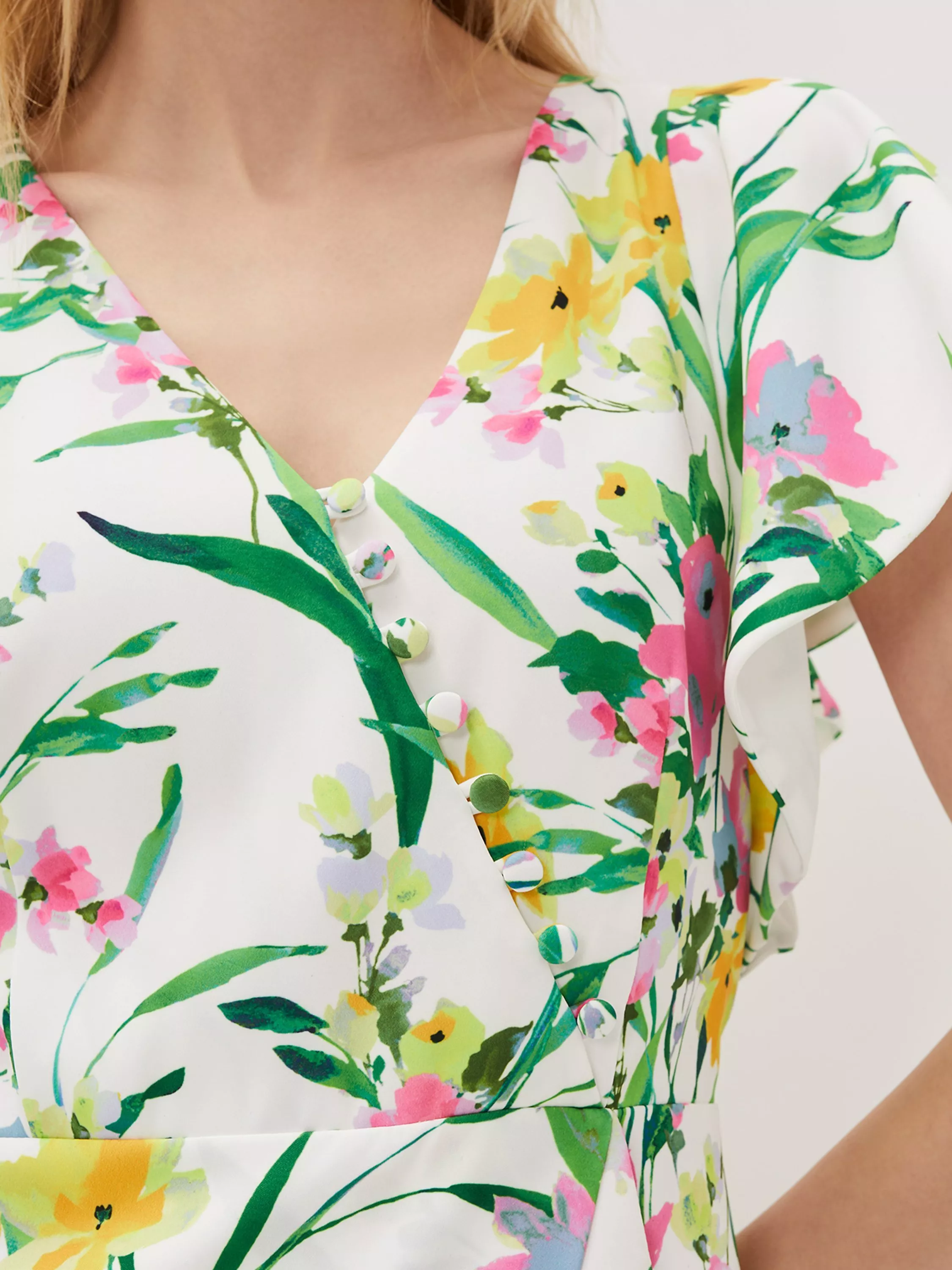 Phase Eight Evelin Floral Frill Midi Dress, Ivory/Multi