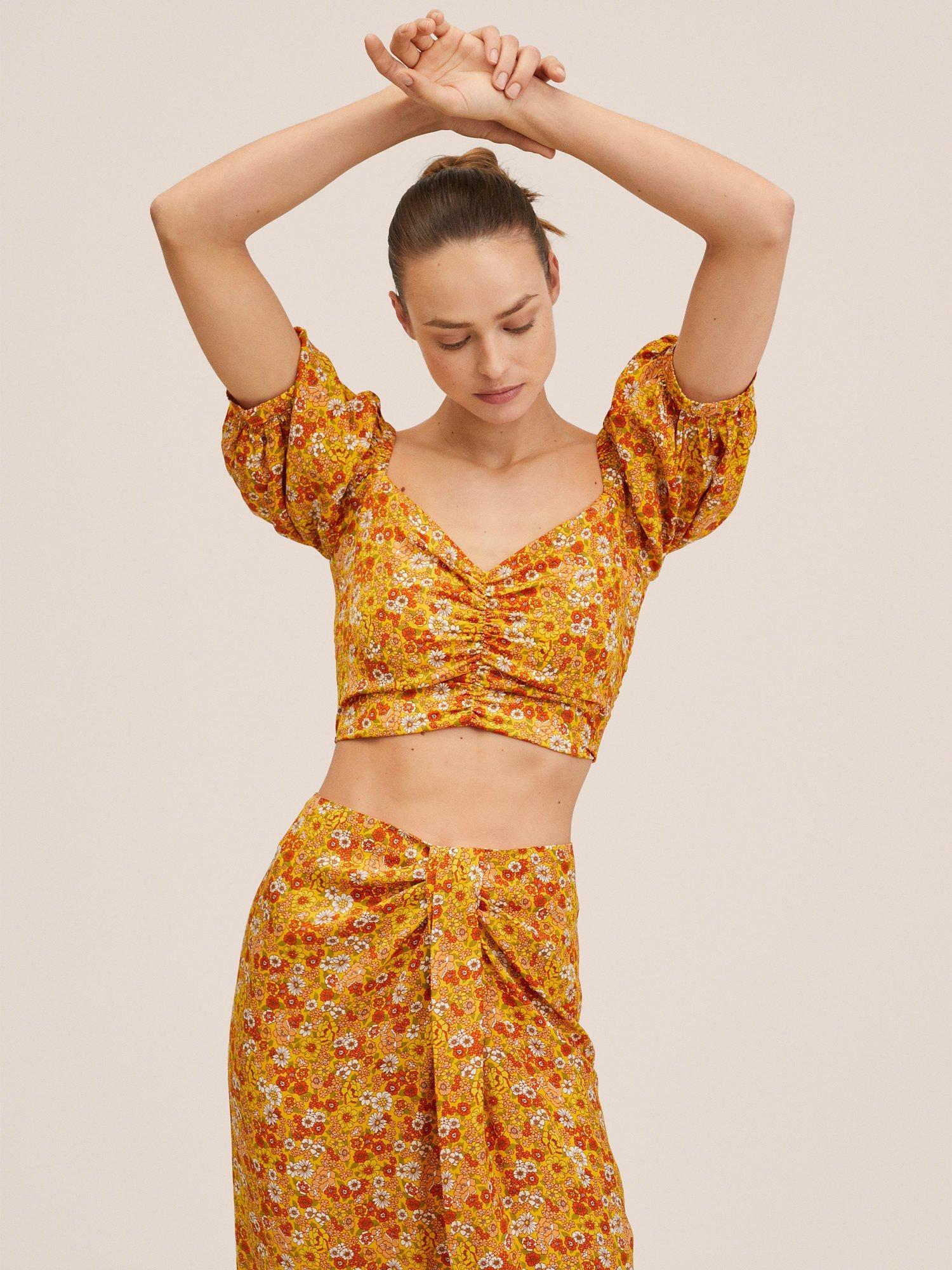 Mango Pisa Floral Print Crop Top, Yellow