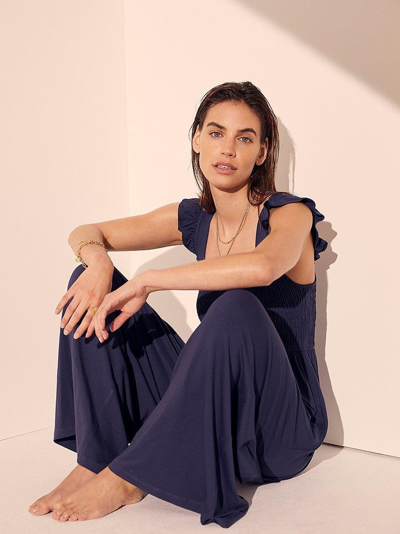 Mint Velvet Shirred Wide Leg Jumpsuit, Blue