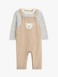 John Lewis Baby Striped Jersey & Bear Dungarees Set, Brown