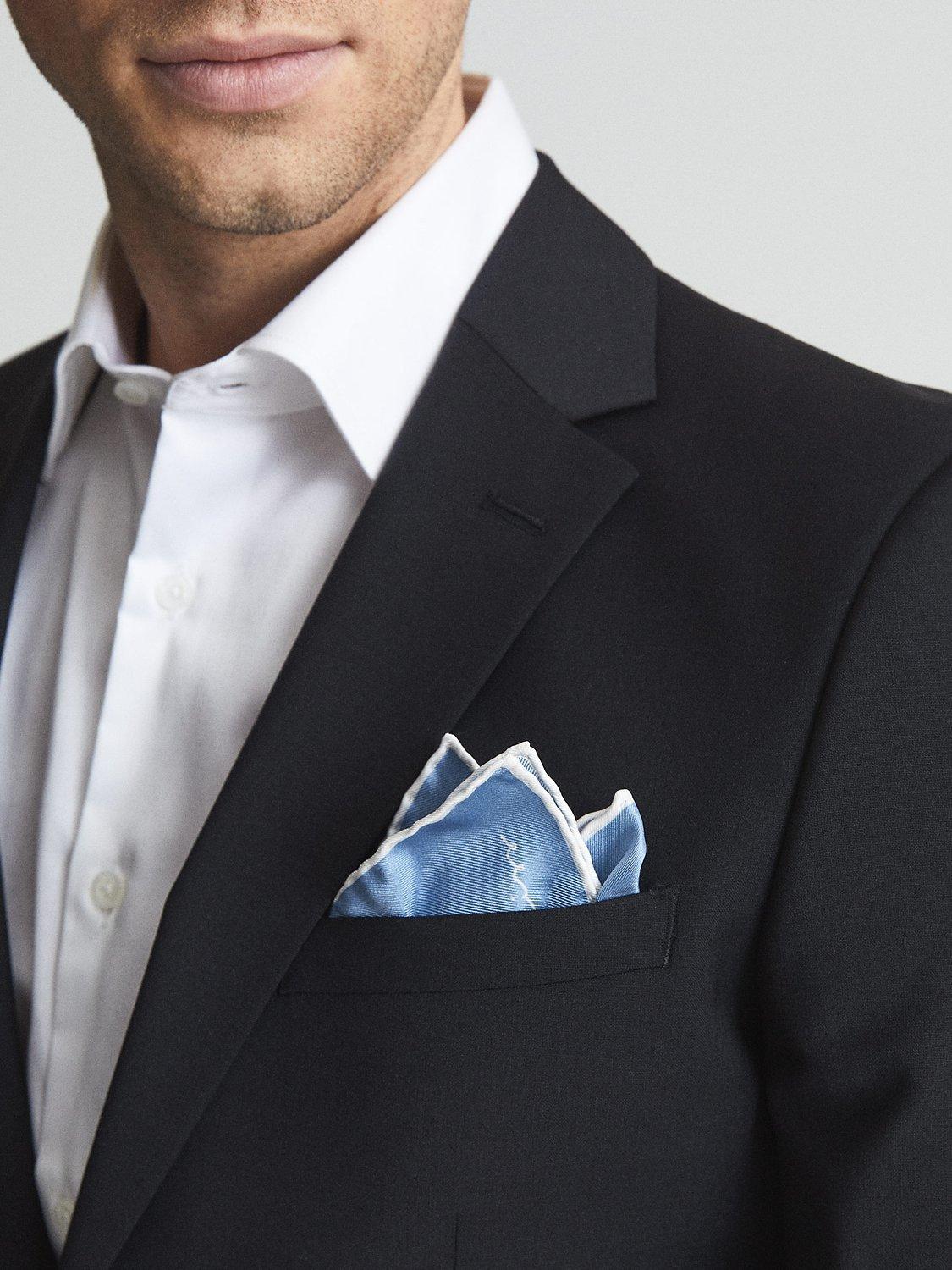 Product image 2 of 5, which shows Reiss Ceremony Silk Pocket Square, Airforce Blue