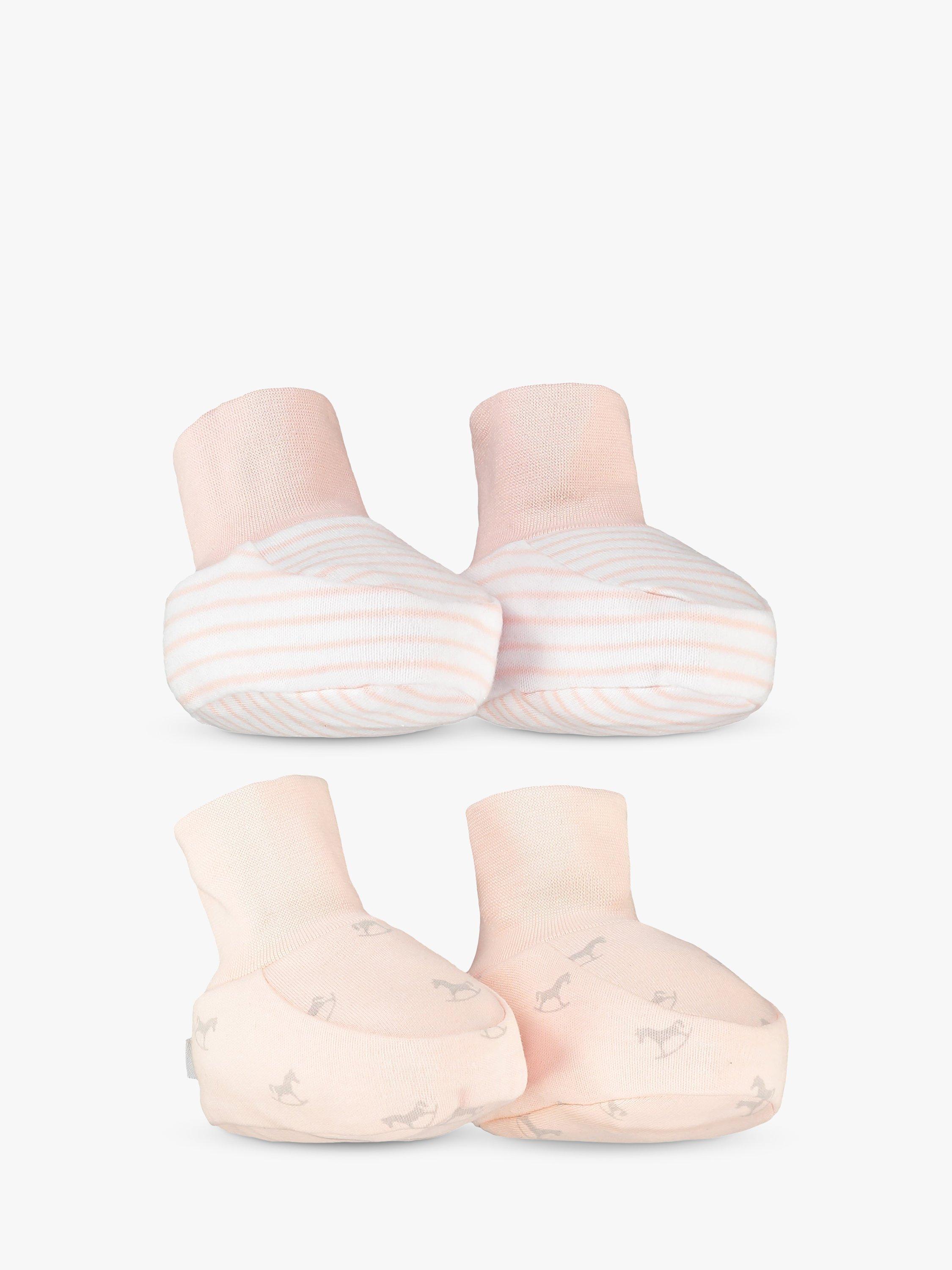 Product image 1 of 4, which shows The Little Tailor Baby Stripe & Rocking Horse Booties, Pack of 2, Pink, 0-6 months