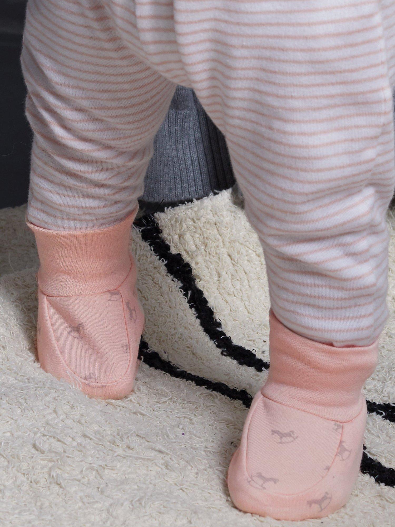 Product image 3 of 4, which shows The Little Tailor Baby Stripe & Rocking Horse Booties, Pack of 2, Pink, 0-6 months