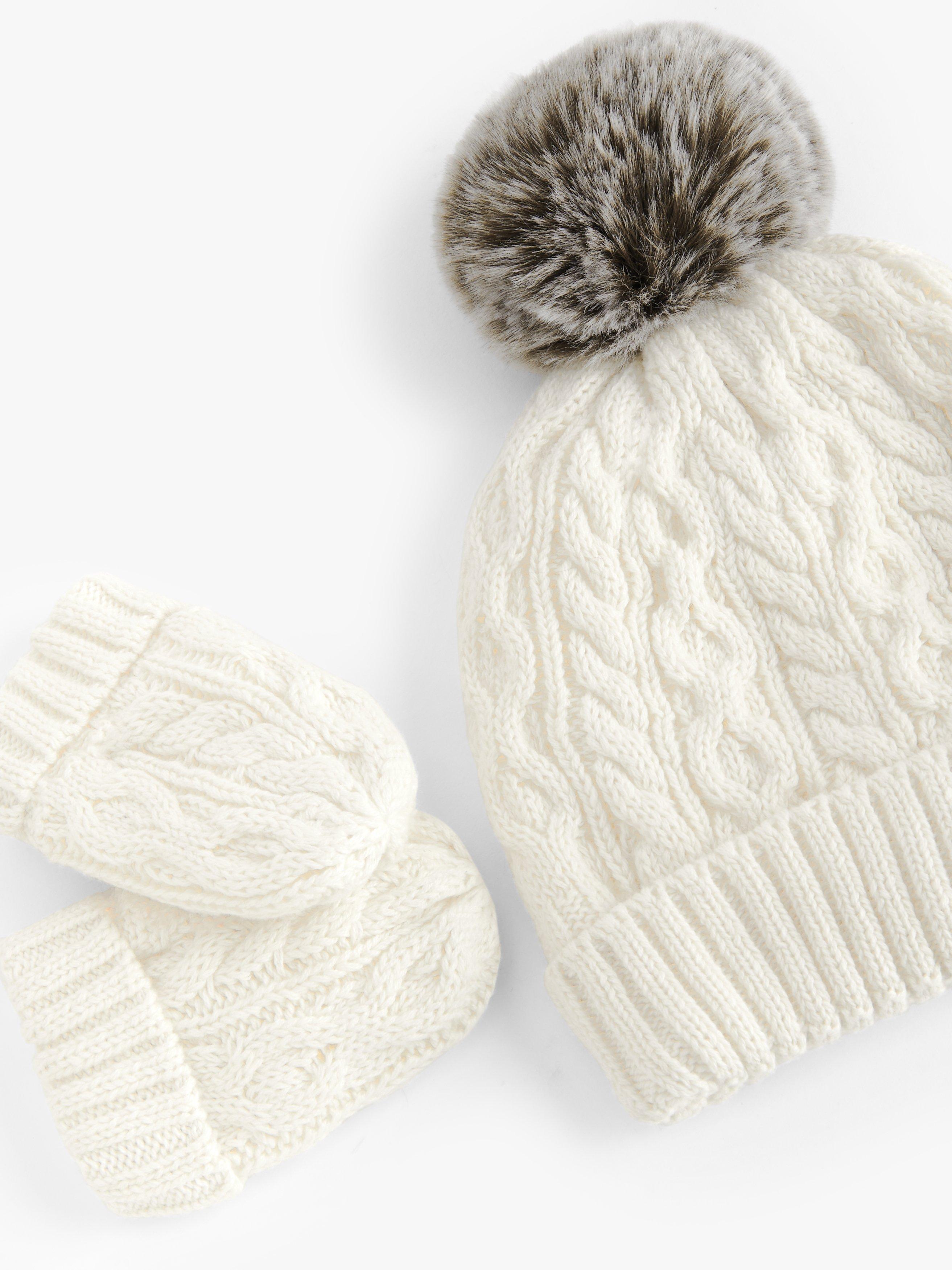 John Lewis Baby Cable Knit Bobble Hat Mittens Set Cream