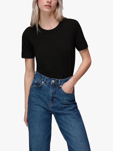 Whistles Rosa Double Trim Cotton T-Shirt, Black