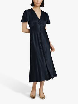 Ghost Grace Satin Swing Midi Dress, Navy