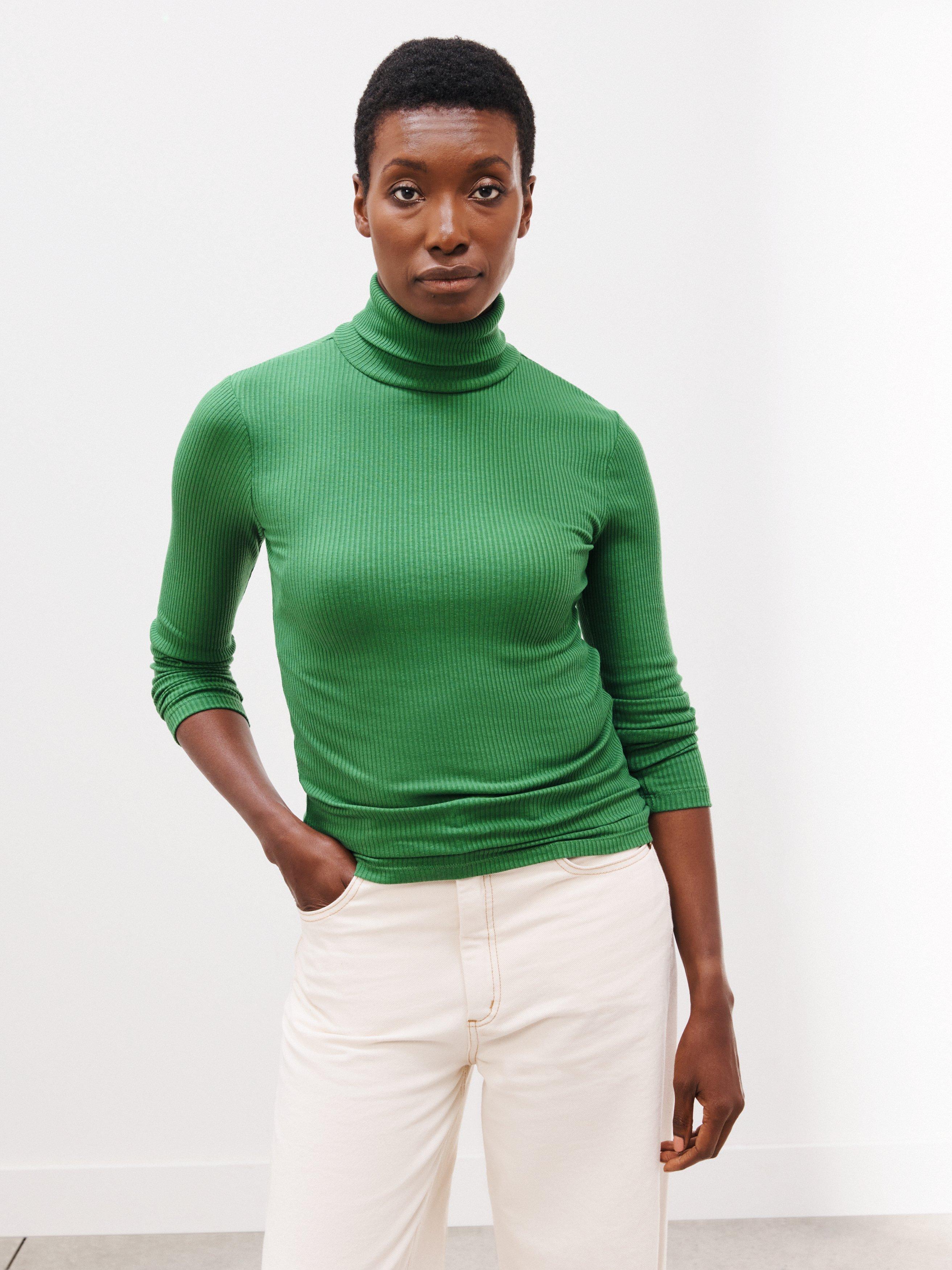 John Lewis Plain Ribbed Roll Neck Top, Fairway Green