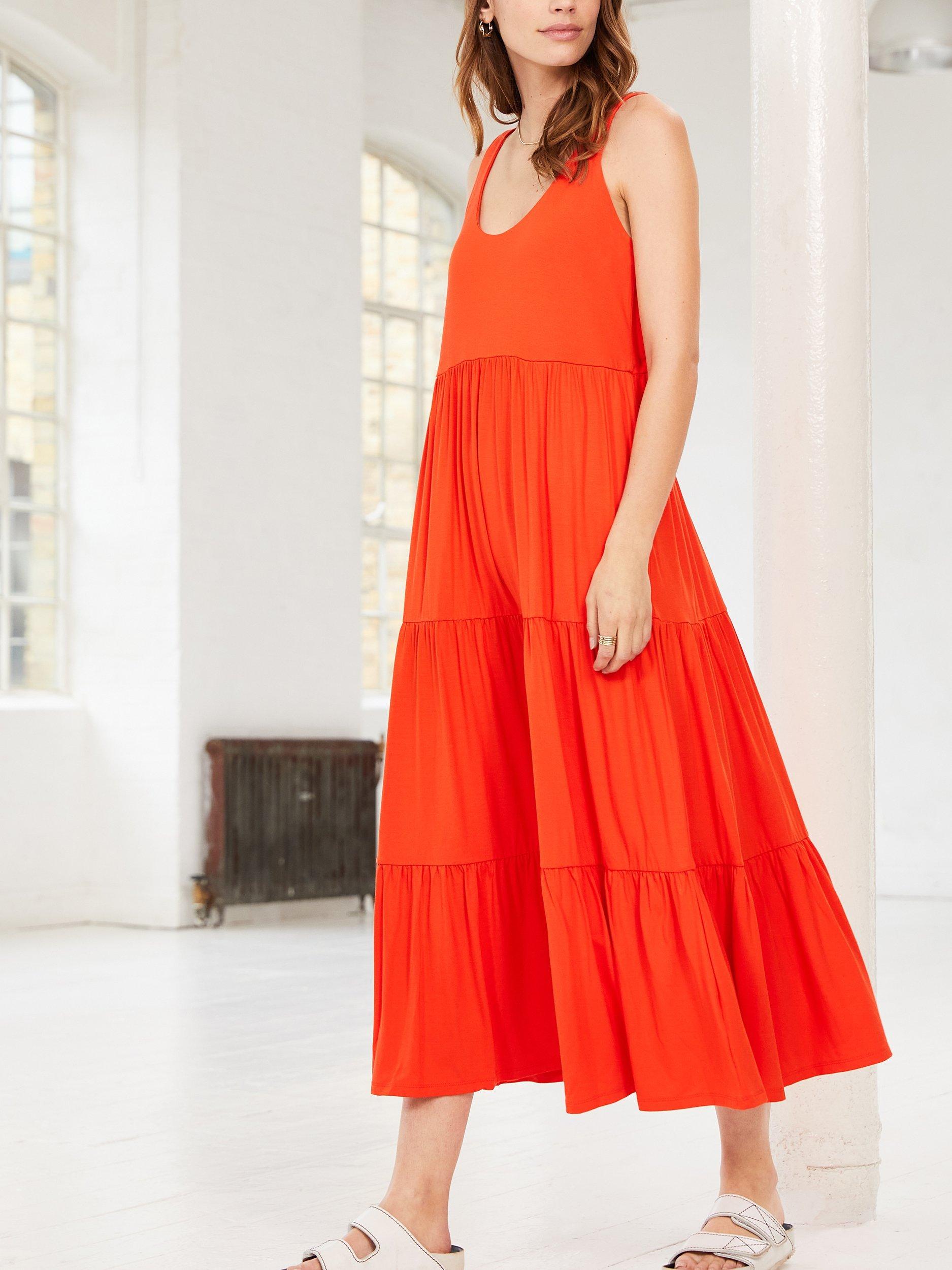 Baukjen Beth Tiered Jersey Midi Dress, Tangerine 