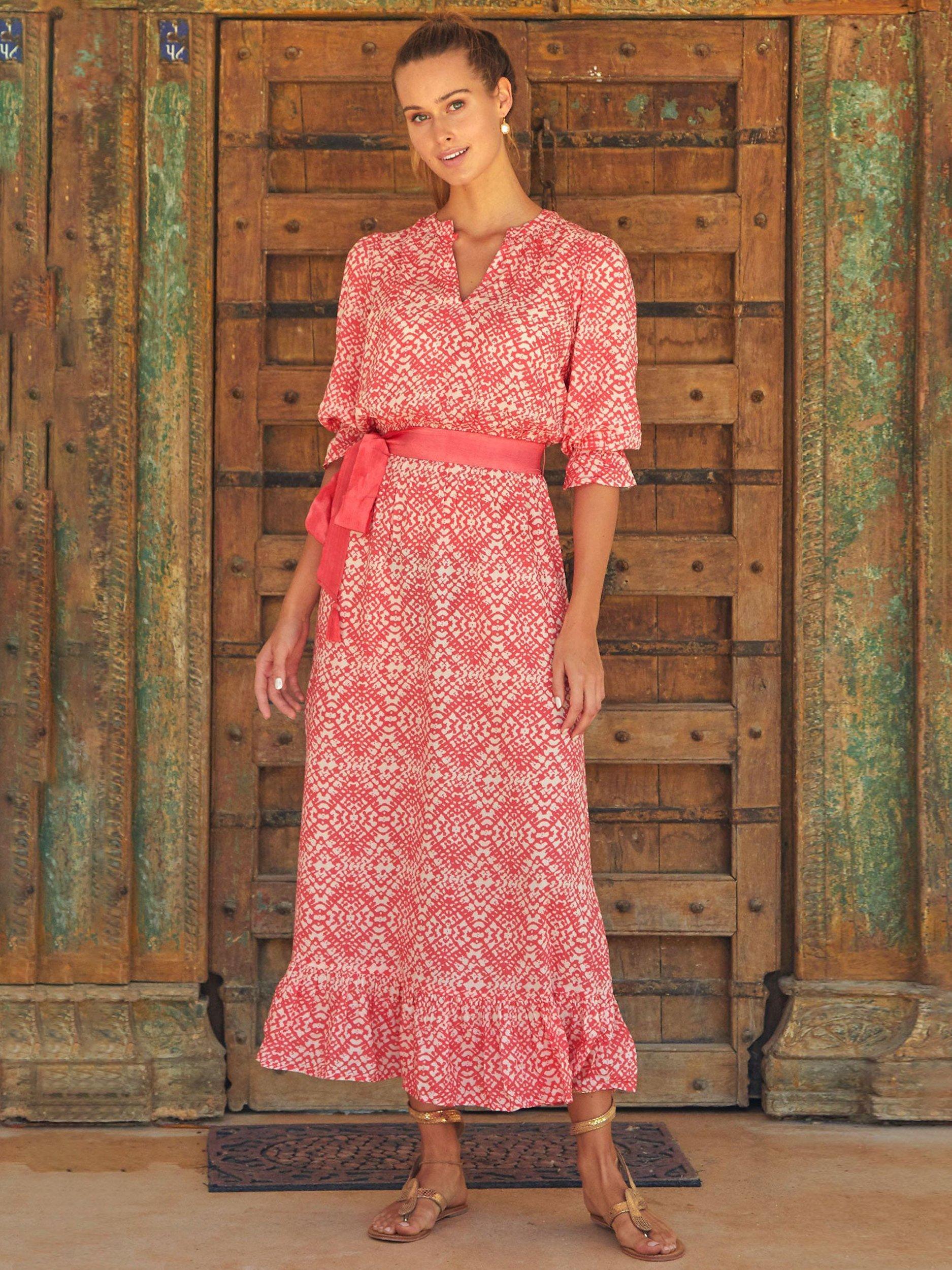 Product image 1 of 6, which shows Aspiga Maeve Geometric Print Contrast Belt Maxi Dress, Coral, XXS