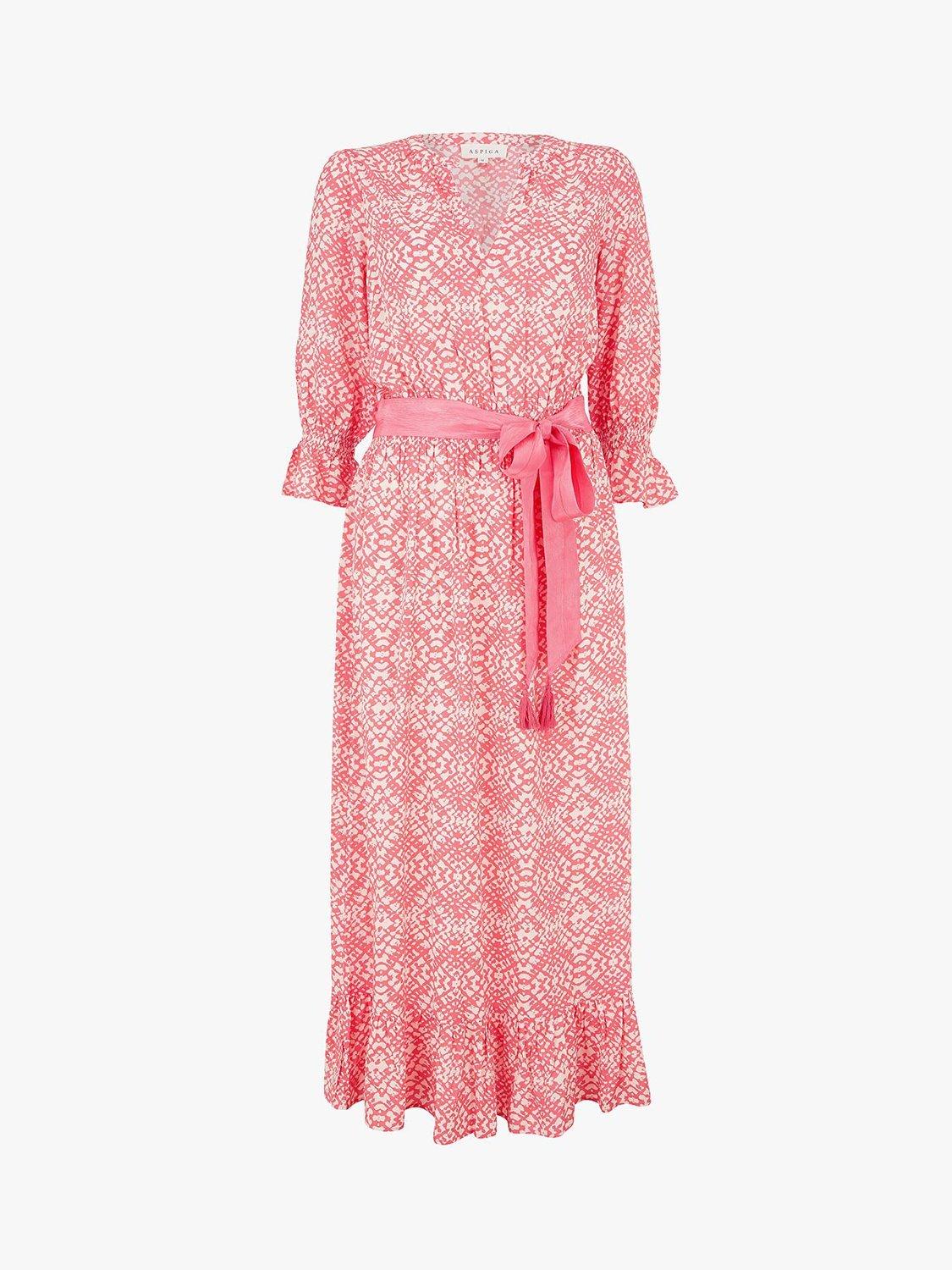 Product image 3 of 6, which shows Aspiga Maeve Geometric Print Contrast Belt Maxi Dress, Coral, XXS