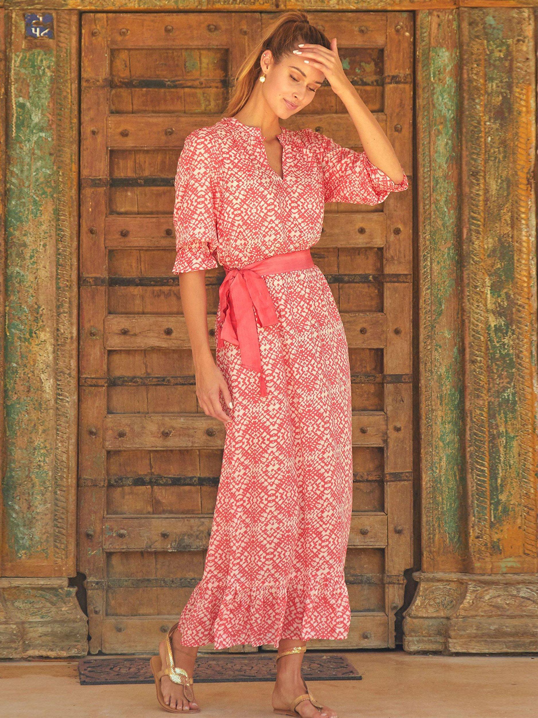 Product image 5 of 6, which shows Aspiga Maeve Geometric Print Contrast Belt Maxi Dress, Coral, XXS