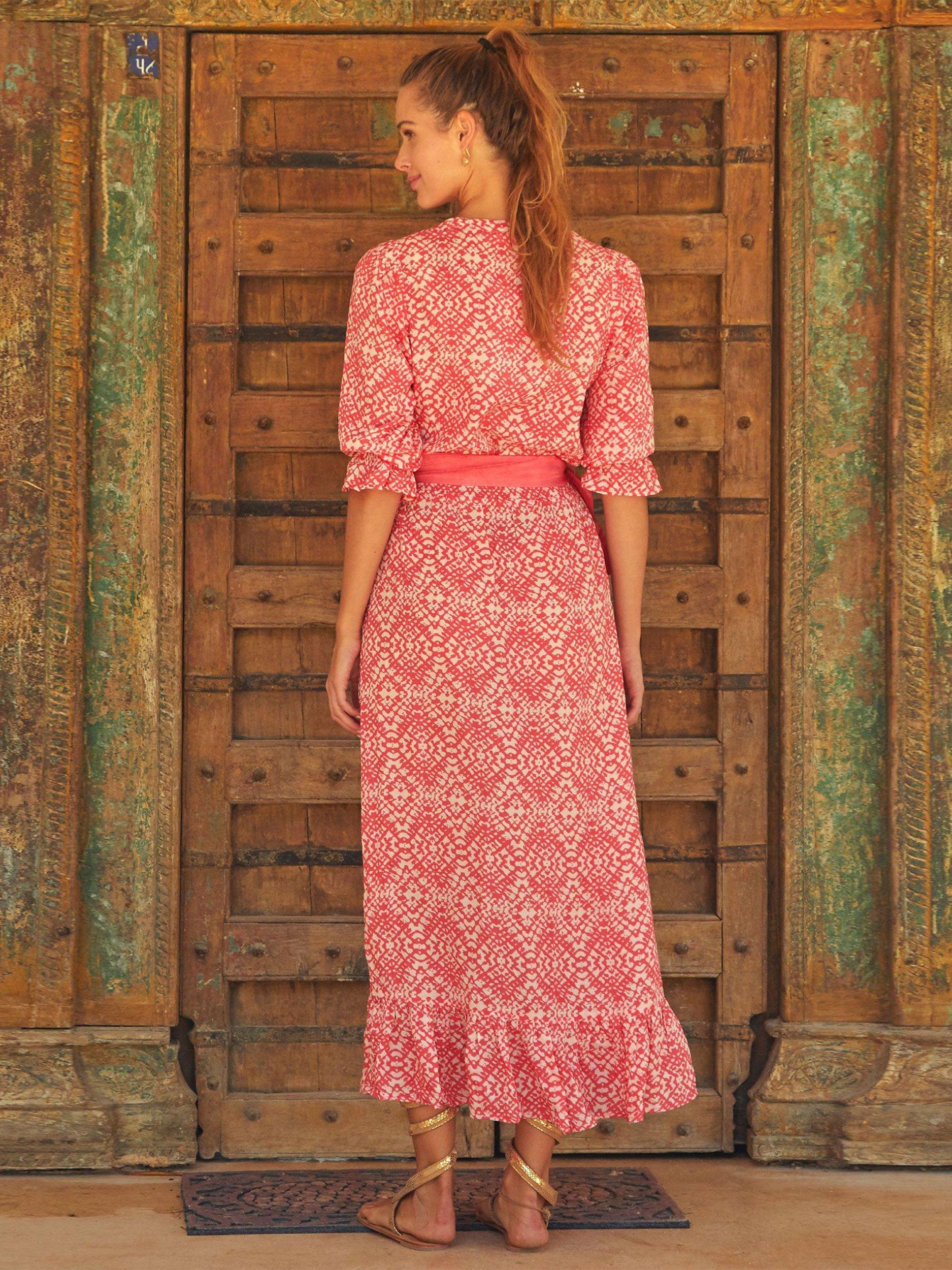 Product image 6 of 6, which shows Aspiga Maeve Geometric Print Contrast Belt Maxi Dress, Coral, XXS