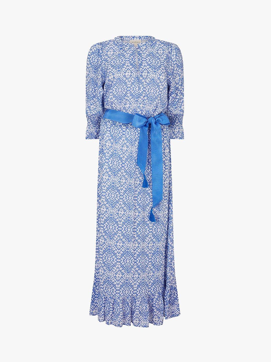 Product image 3 of 5, which shows Aspiga Maeve Geometric Print Contrast Belt Maxi Dress, Marina Blue, XXS